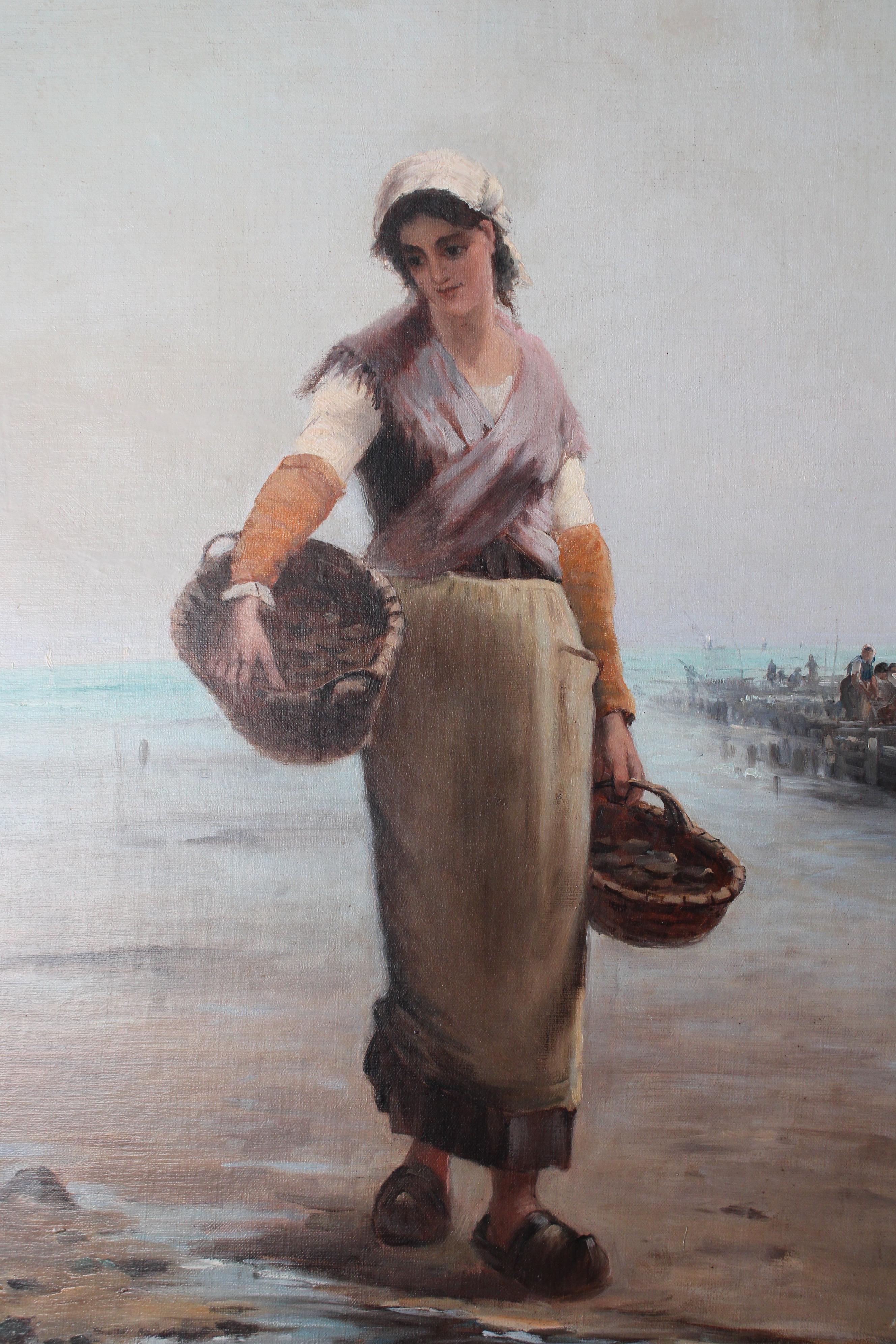 Portrait de femme ancienne, cadre côtier, école française, pêcheuse en vente 1