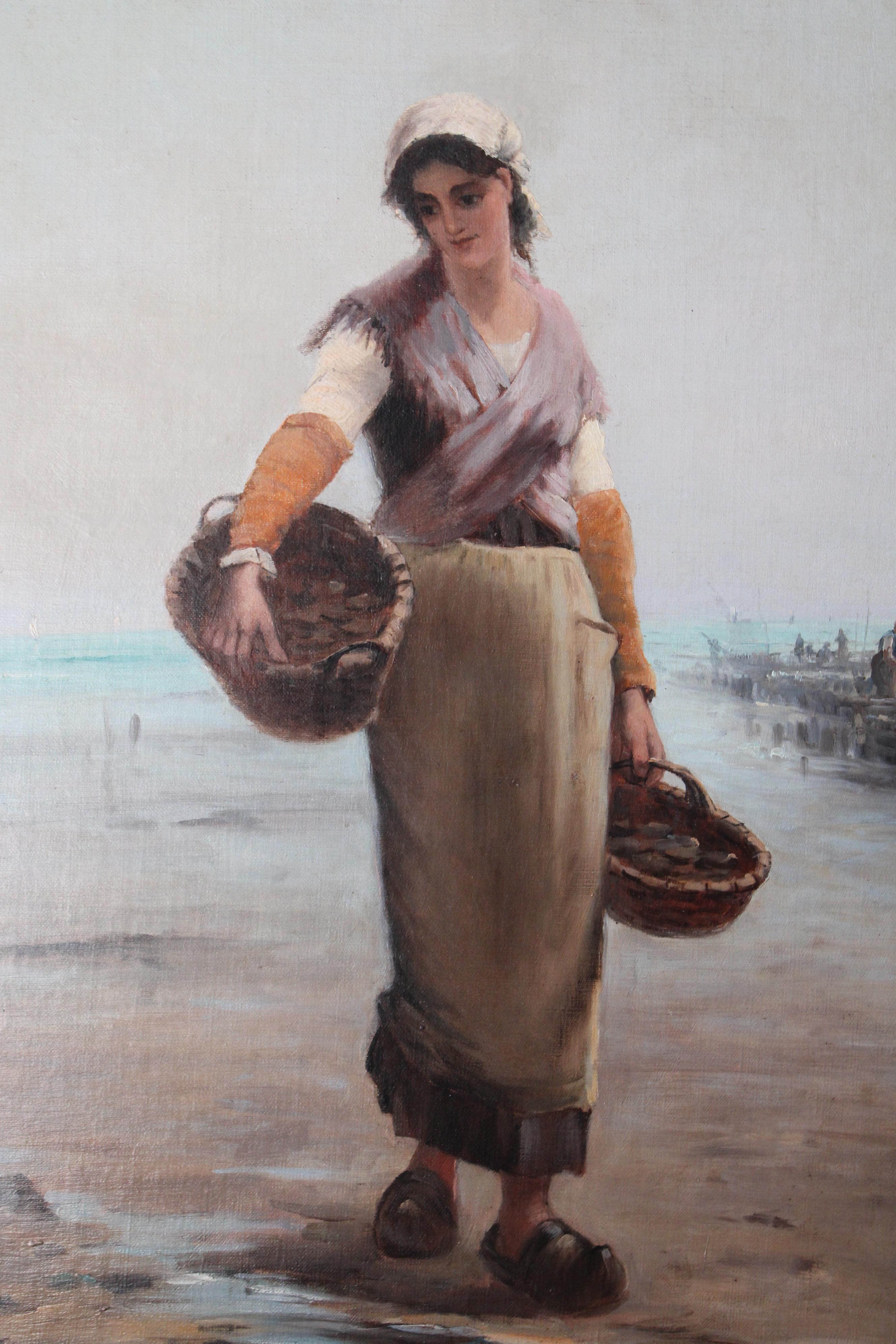 Portrait de femme ancienne, cadre côtier, école française, pêcheuse en vente 2