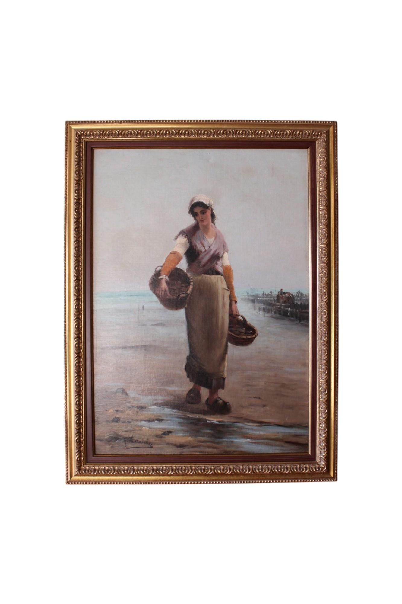Antigua Pintura al Óleo Retrato de Mujer, Entorno costero, Escuela Francesa, Pescadora