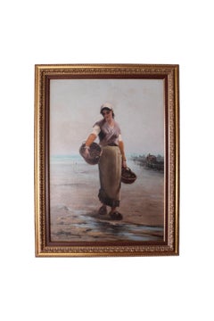 Ritratto di donna antico dipinto a olio, ambientazione costiera, Scuola francese, pescatrice