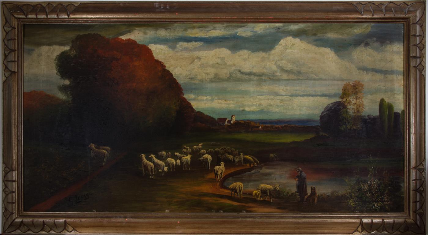 A large and striking landscape showing a rural landscape and shepherd herding sheep towards a river. Well presented in a gilt effect frame with carved detail corner sections. Signed. On board.
