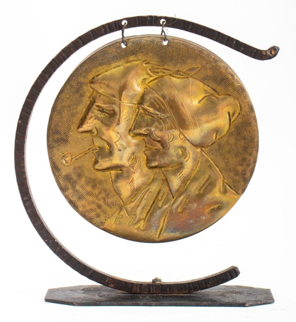 G. Lhoste Figurative Hammered Brass Gong For Sale