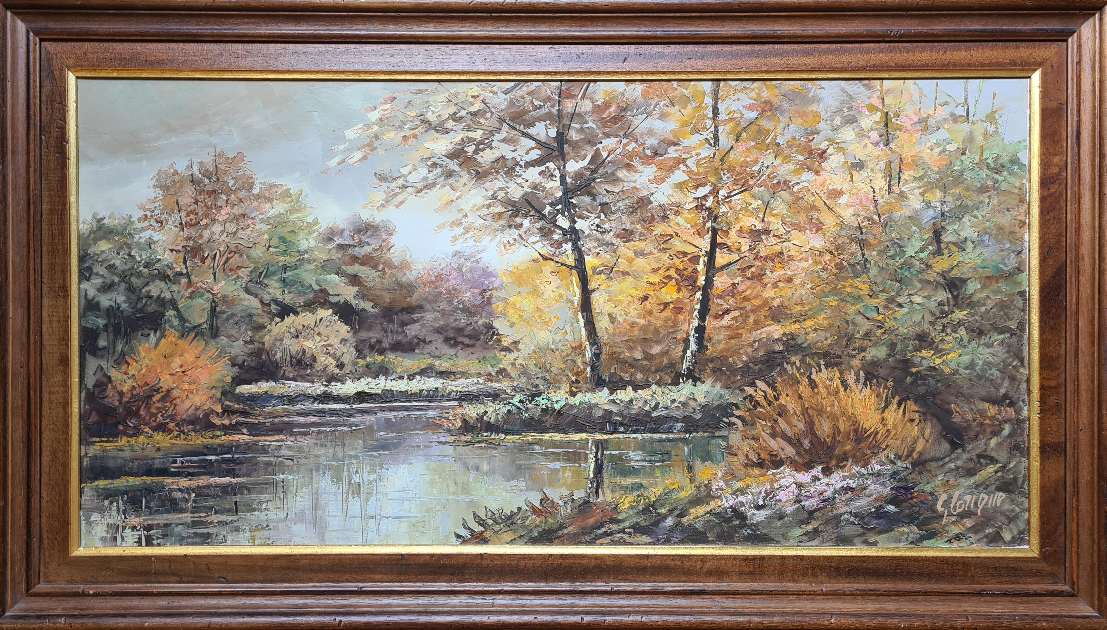 Autumn at the Riverbank, Large Scale French Rural Landscape. Oil on Canvas. - Painting by G Lorique