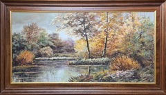 'Autumn at the Riverbank', Large Scale French Rural Landscape. Oil on Canvas.