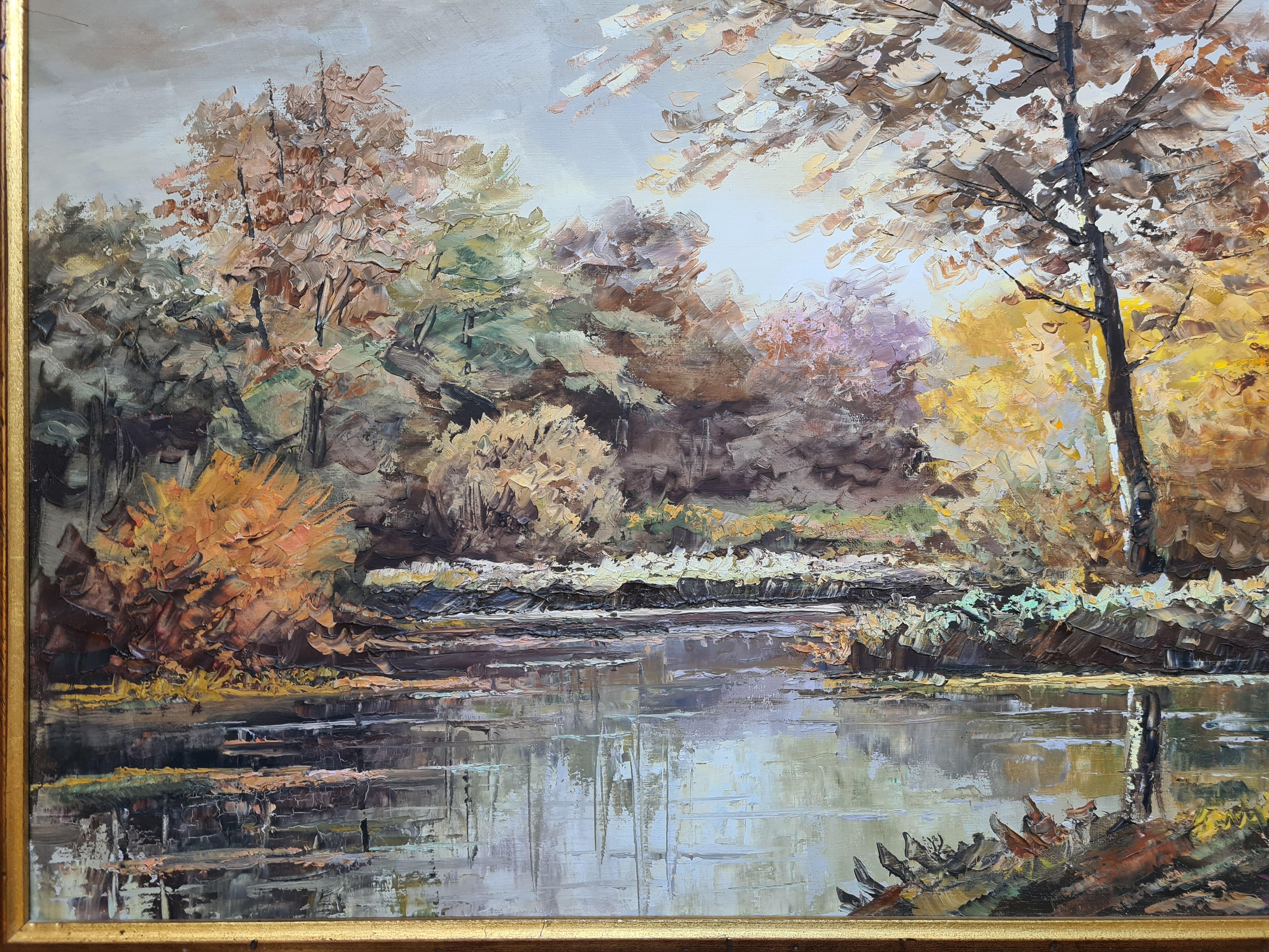 Autumn at the Riverbank, Large Scale French Rural Landscape. Oil on Canvas. - Brown Landscape Painting by G Lorique