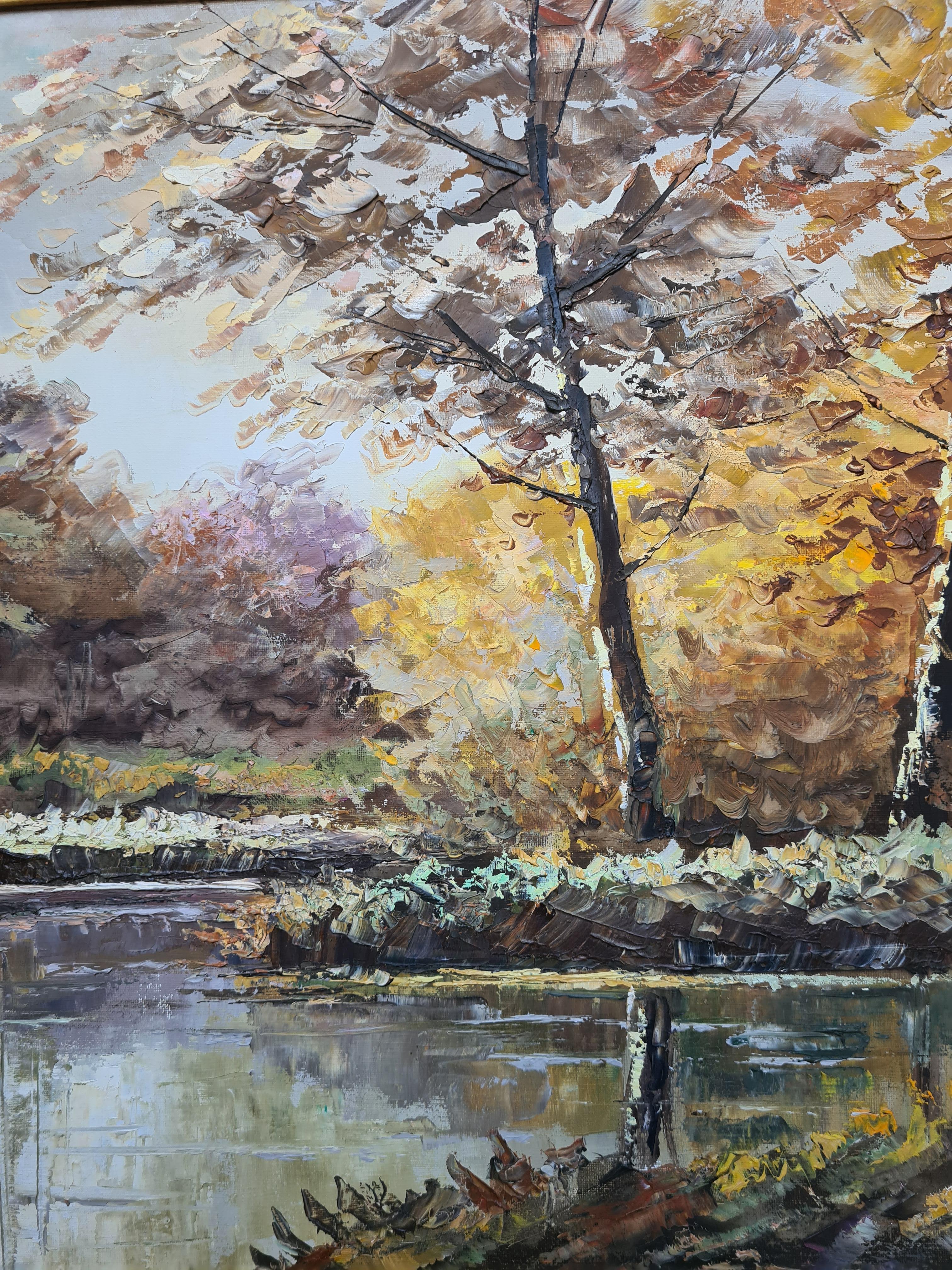 Autumn at the Riverbank, Large Scale French Rural Landscape. Oil on Canvas. For Sale 1