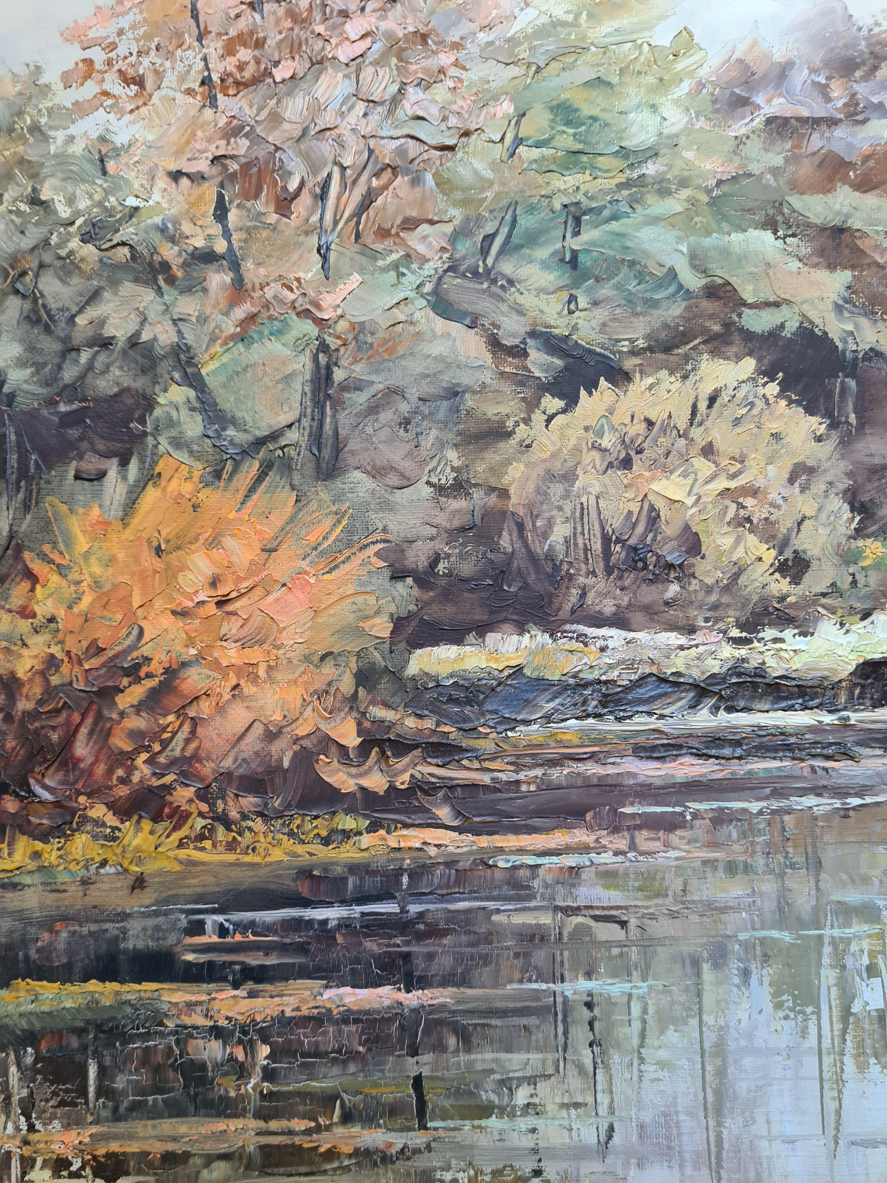 Autumn at the Riverbank, Large Scale French Rural Landscape. Oil on Canvas. For Sale 3