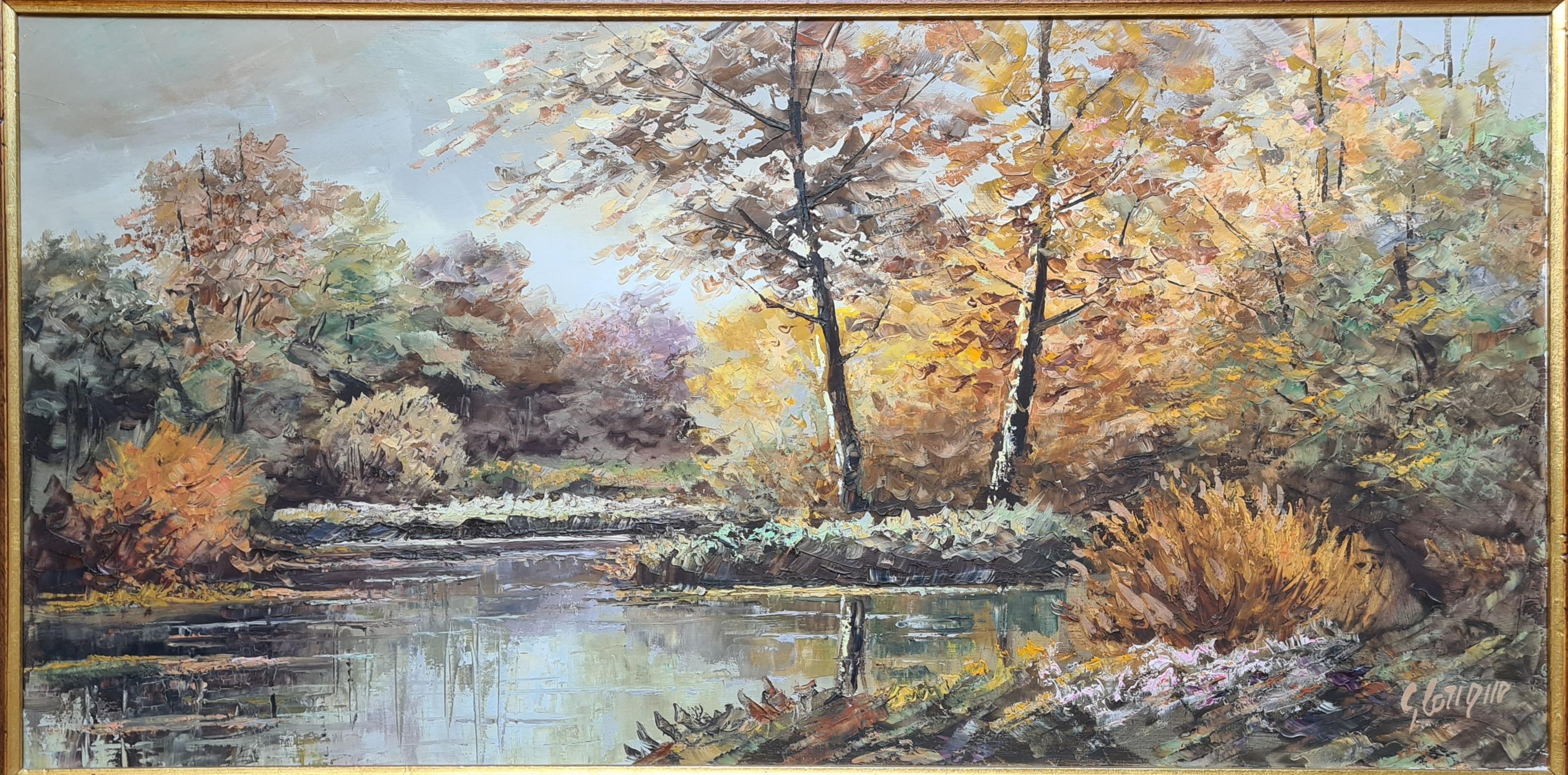G Lorique Landscape Painting - Autumn at the Riverbank, Large Scale French Rural Landscape. Oil on Canvas.