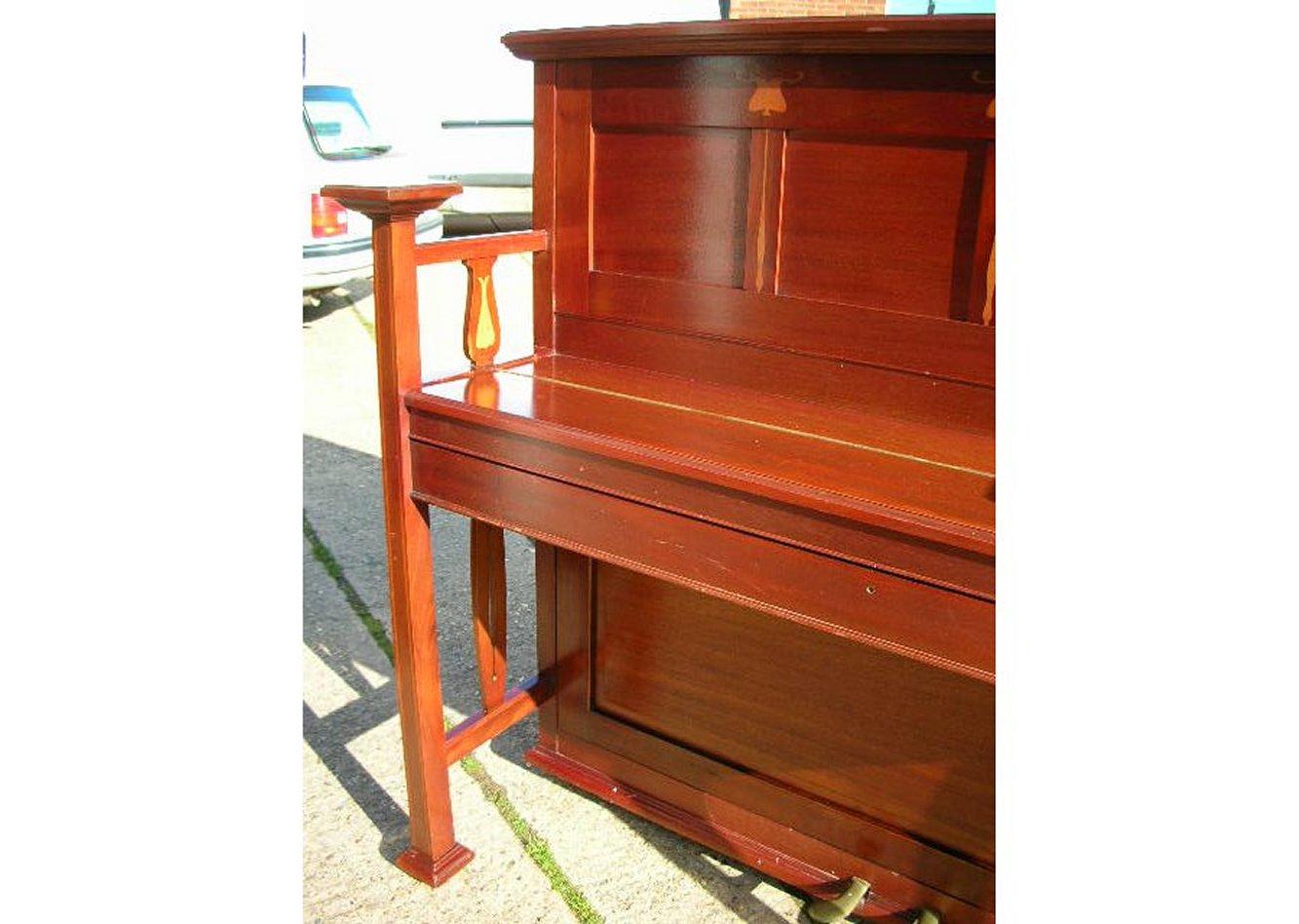 English G M Ellwood, attri. An Arts & Crafts Walnut & Inlaid Piano made by J Brinsmead For Sale