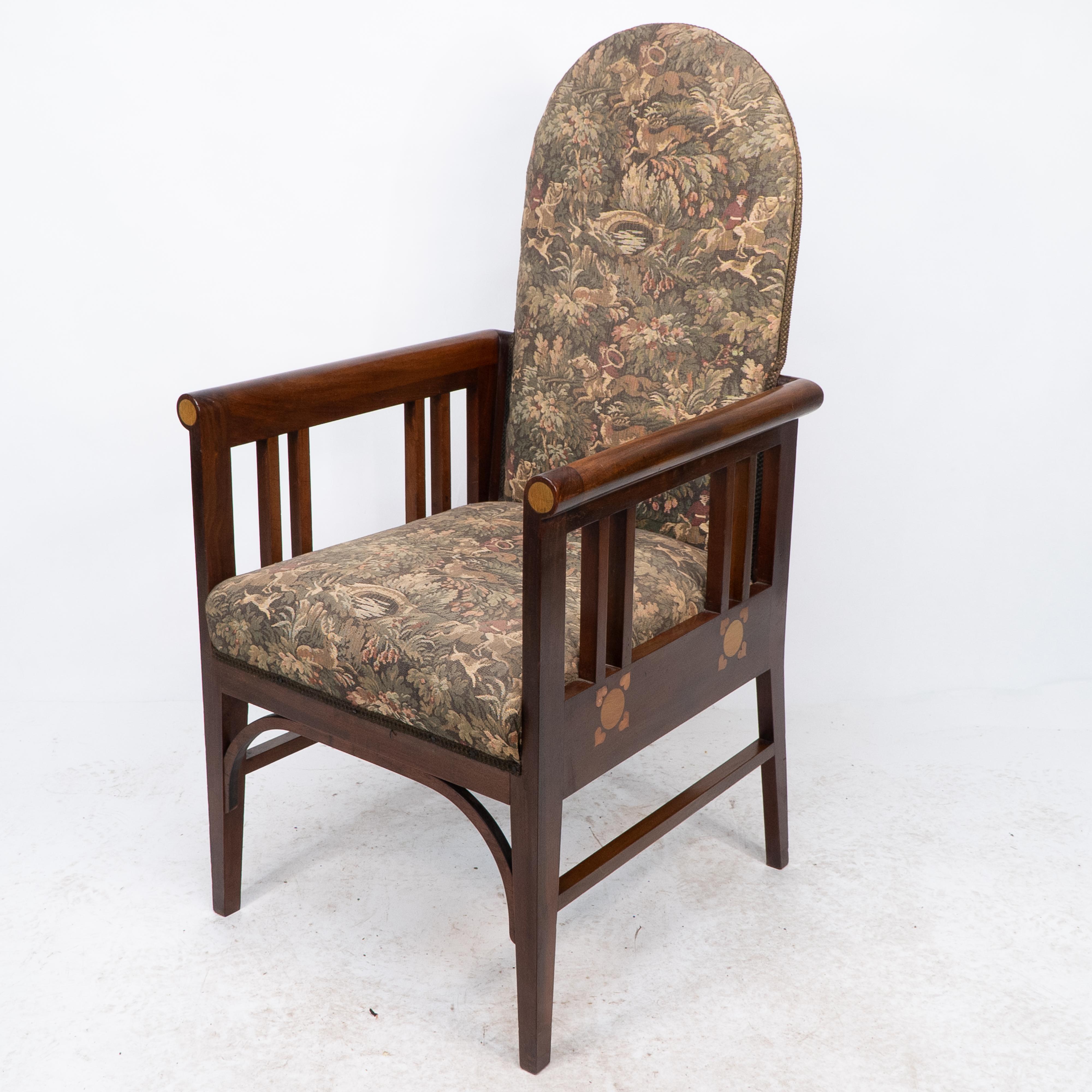 Art Nouveau G M Ellwood for J S Henry. A Progressive New Art armchair with fruitwood inlays For Sale