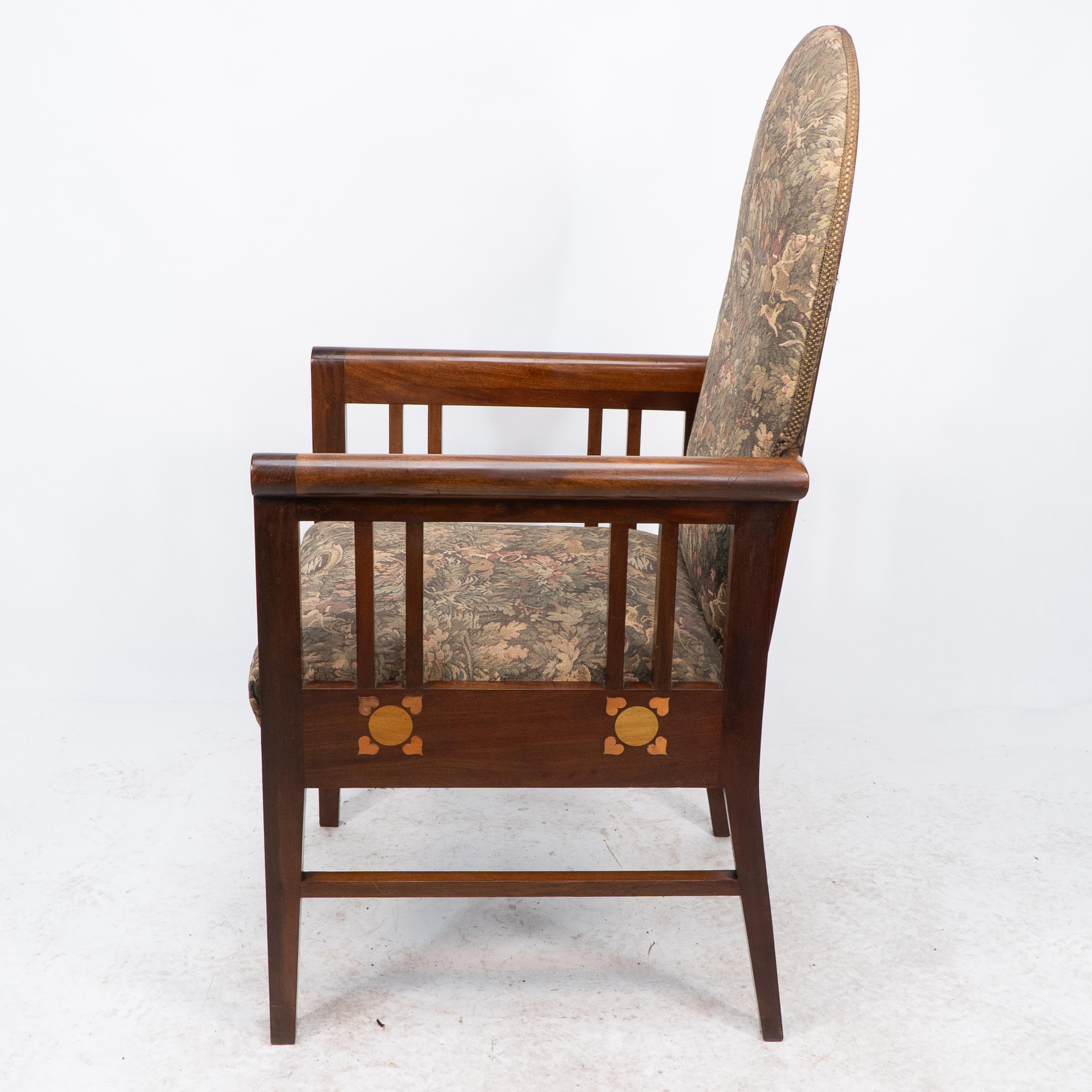English G M Ellwood for J S Henry. A Progressive New Art armchair with fruitwood inlays For Sale