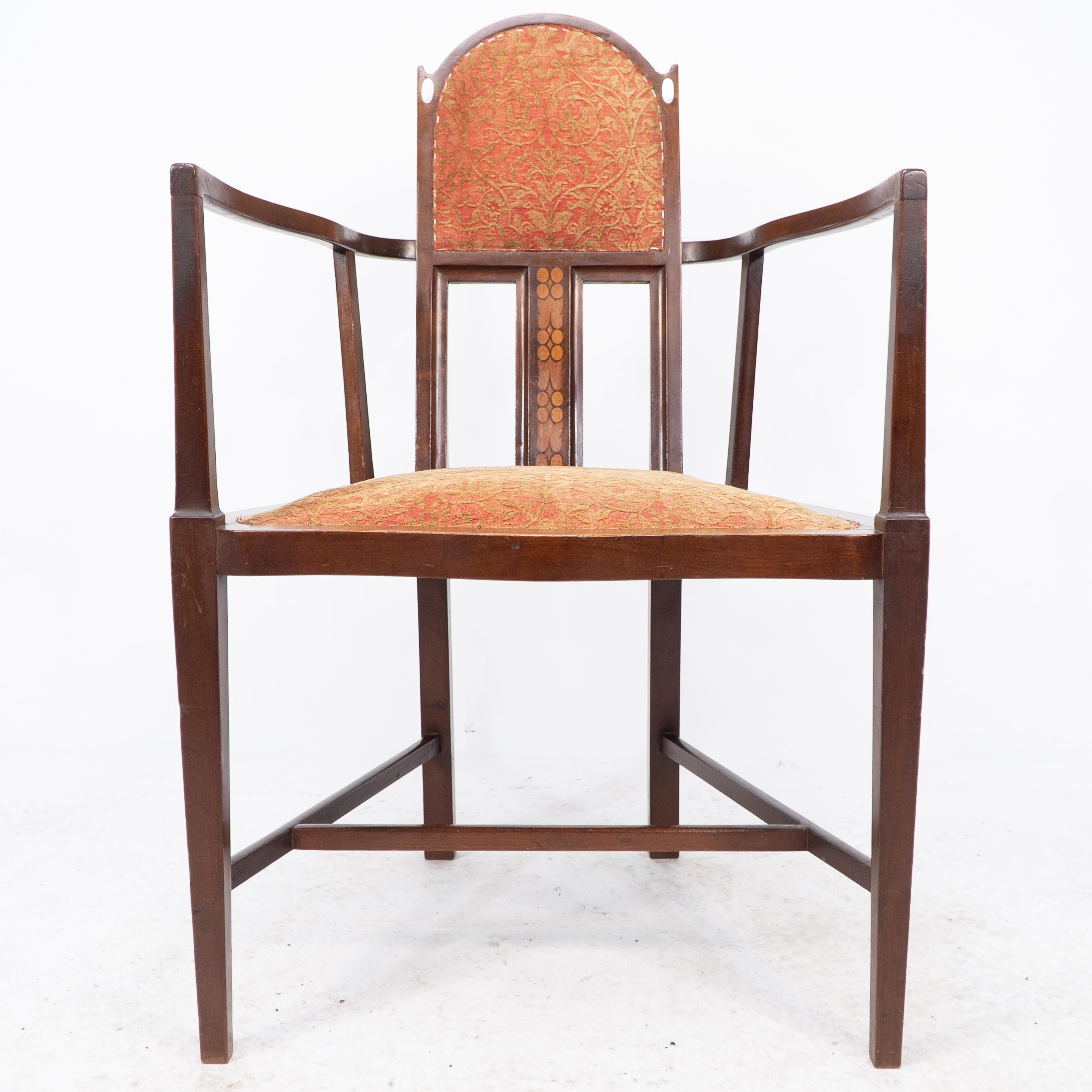 G M Ellwood for J S Henry. Arts & Crafts armchair with mother-of-pearl inlays For Sale 7