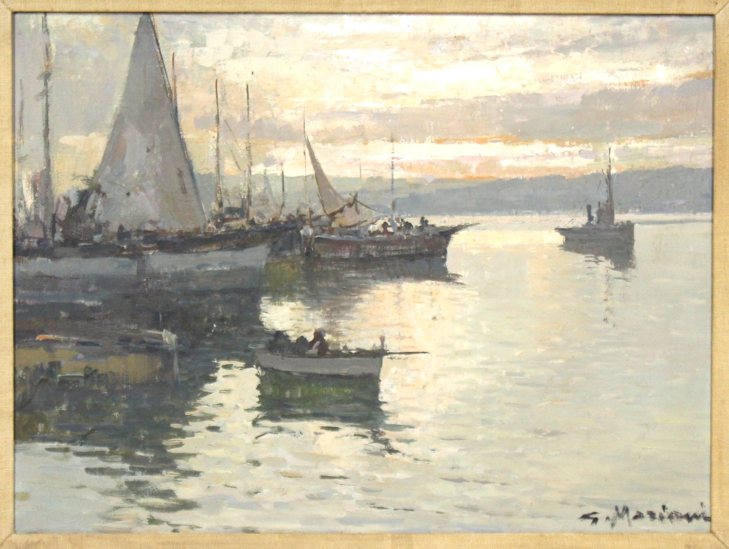 Italian Impressionist harbor scene painting by G. Mariani (Italy, 20th C.). The oil on canvas painting depicts a scene with boats in the harbor of Naples and is set in its original wood frame. Signed by the artist in the lower right