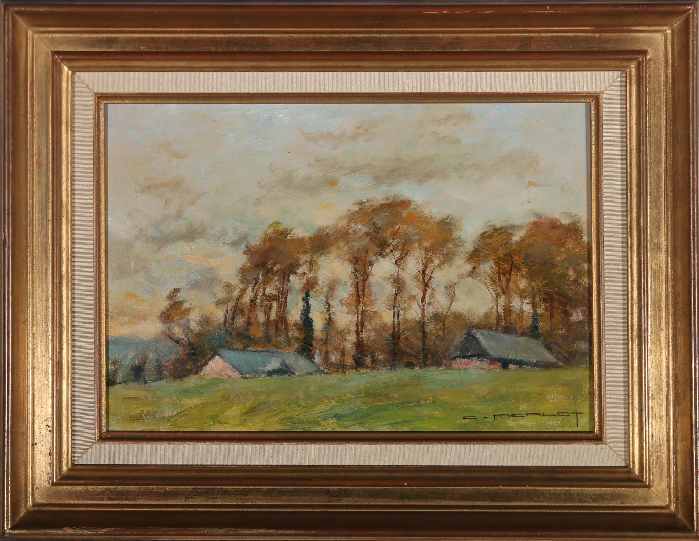 A fine 20th Century landscape showing billowing trees, bent by the wind, standing tall over farm buildings and a green meadow. The artist has signed to the lower right corner and the painting has been presented in a 20th Century gilt frame with a