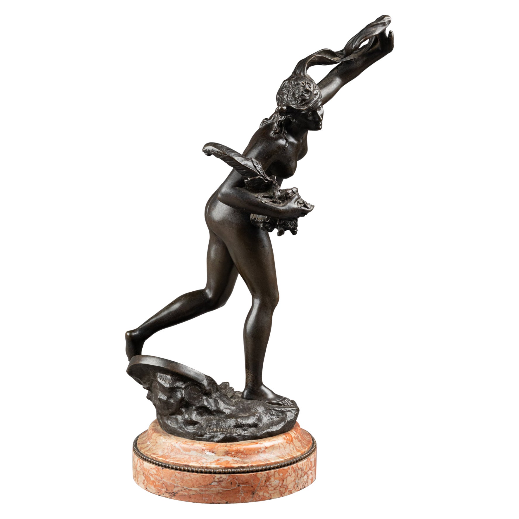 G. Michel : "The wheel of fortune", Patinated bronze nude on marble - C. 1910