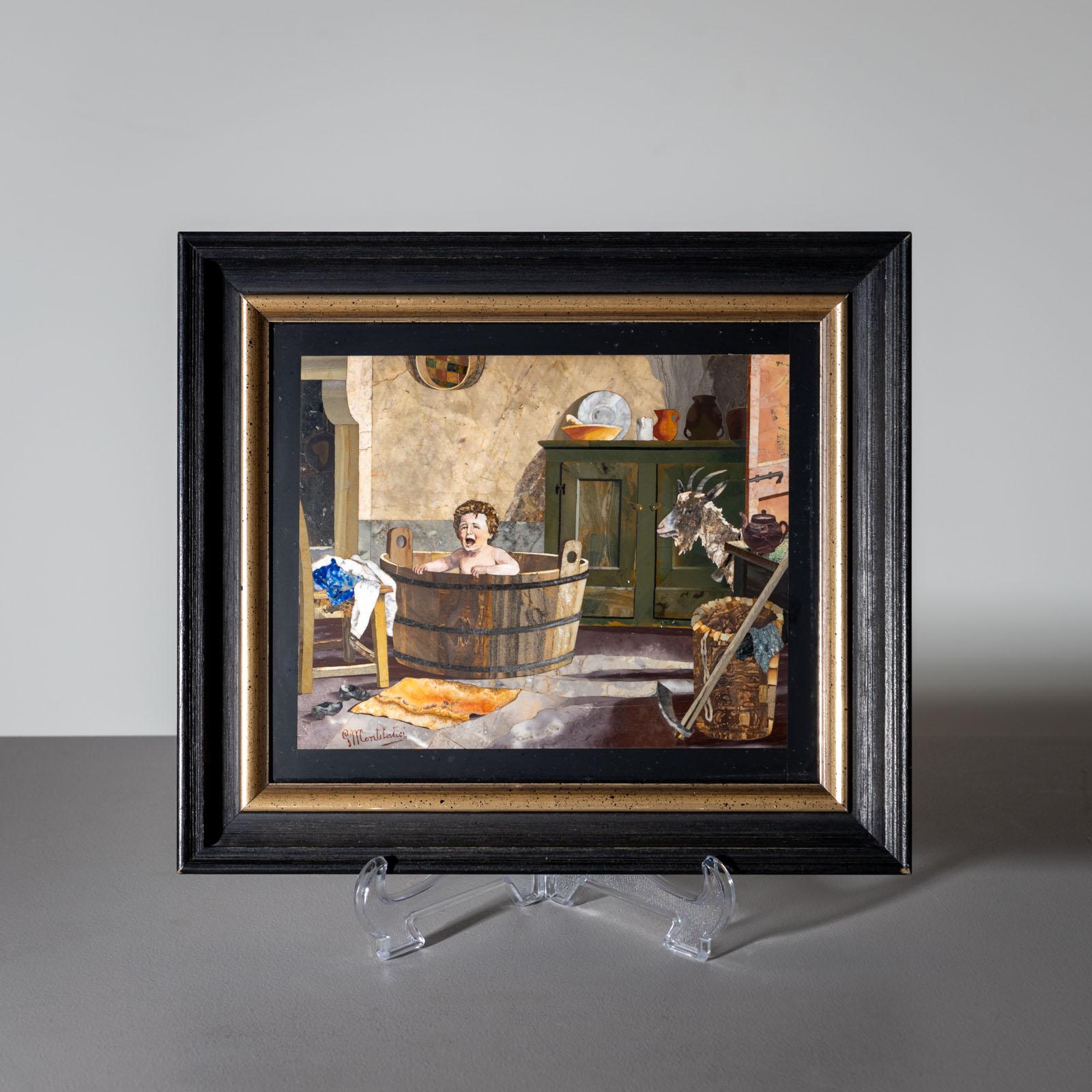 Small painting in pietra dura technique depicting a small child in a wooden bathtub in a rural interior scene.
Signed lower left G Montelatici.
Image dimensions: 21.5 x 25.5 x 1 cm.
Dimensions with frame: 29 x 33 x 3.5 cm.