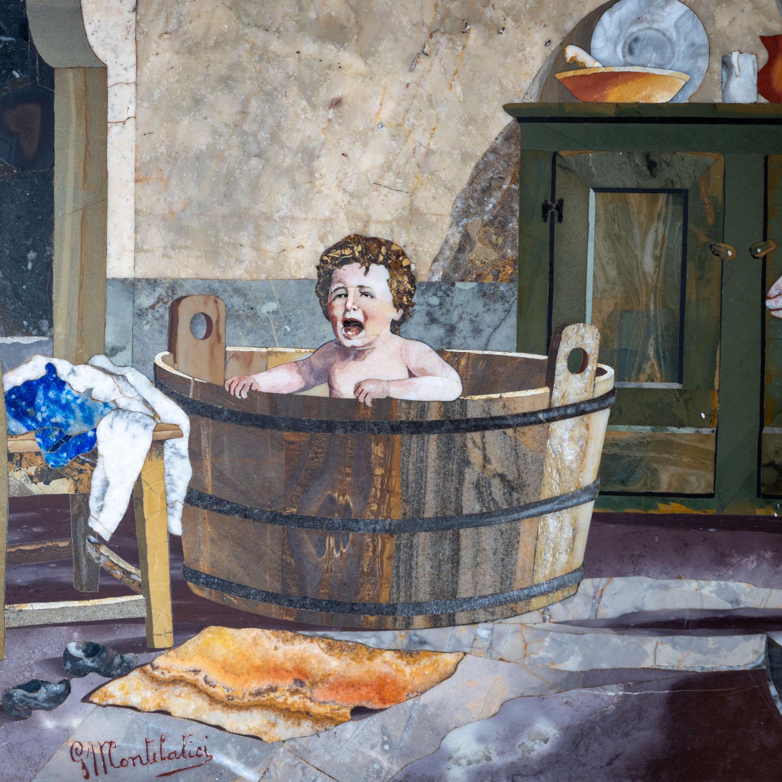 G. Montelatici (IT, 1864-1930), Pietra Dura Artwork of a Toddler in a Bathtub In Excellent Condition In Greding, DE