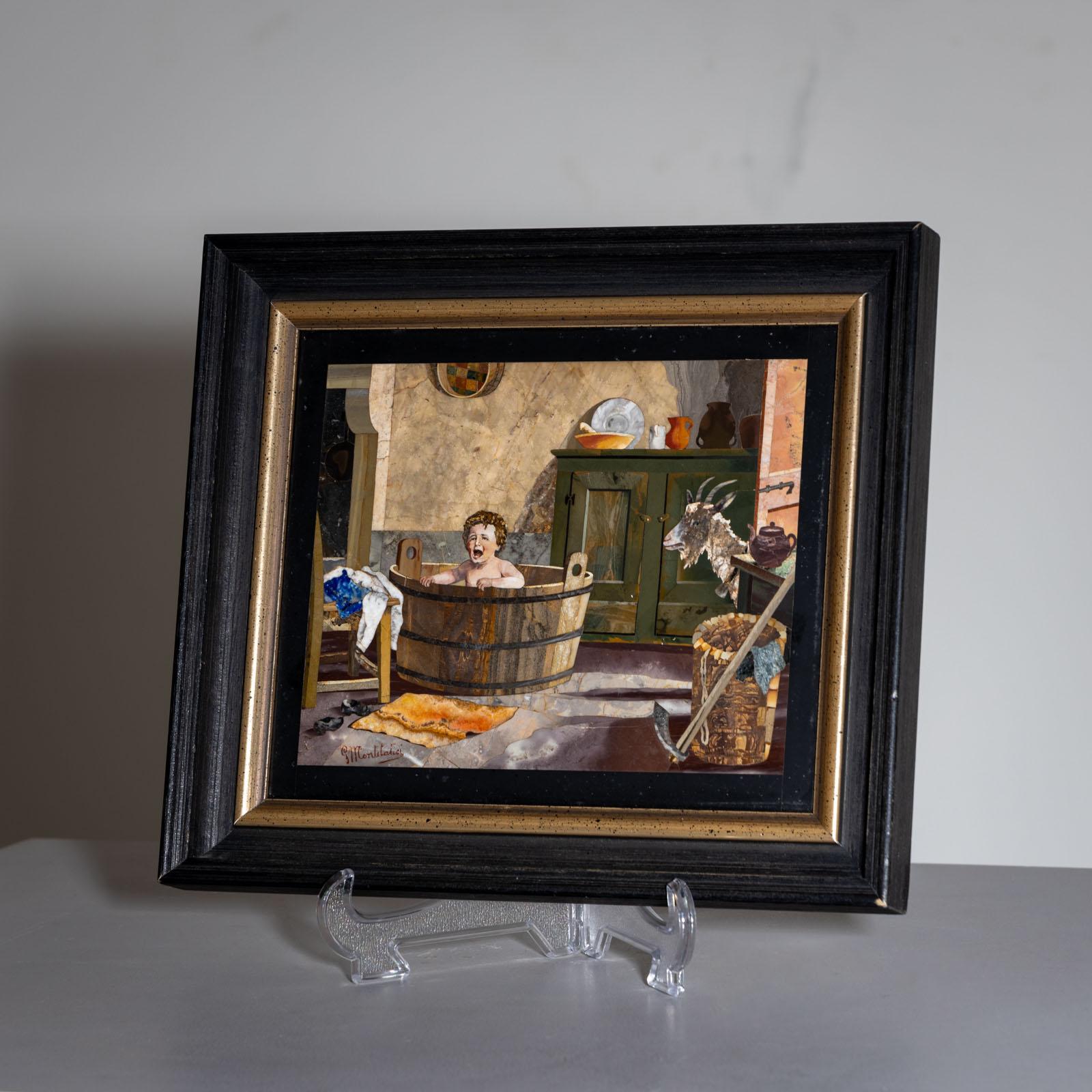 G. Montelatici (IT, 1864-1930), Pietra Dura Artwork of a Toddler in a Bathtub 1