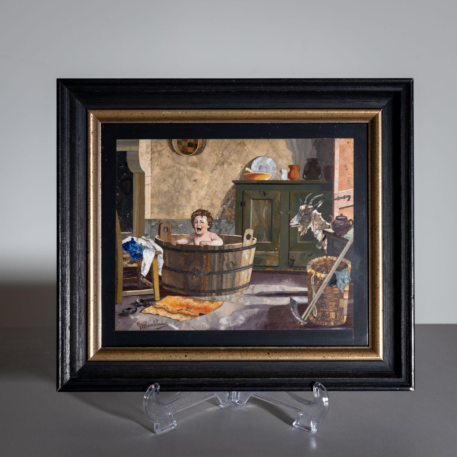 G. Montelatici (IT, 1864-1930), Pietra Dura Artwork of a Toddler in a Bathtub 2