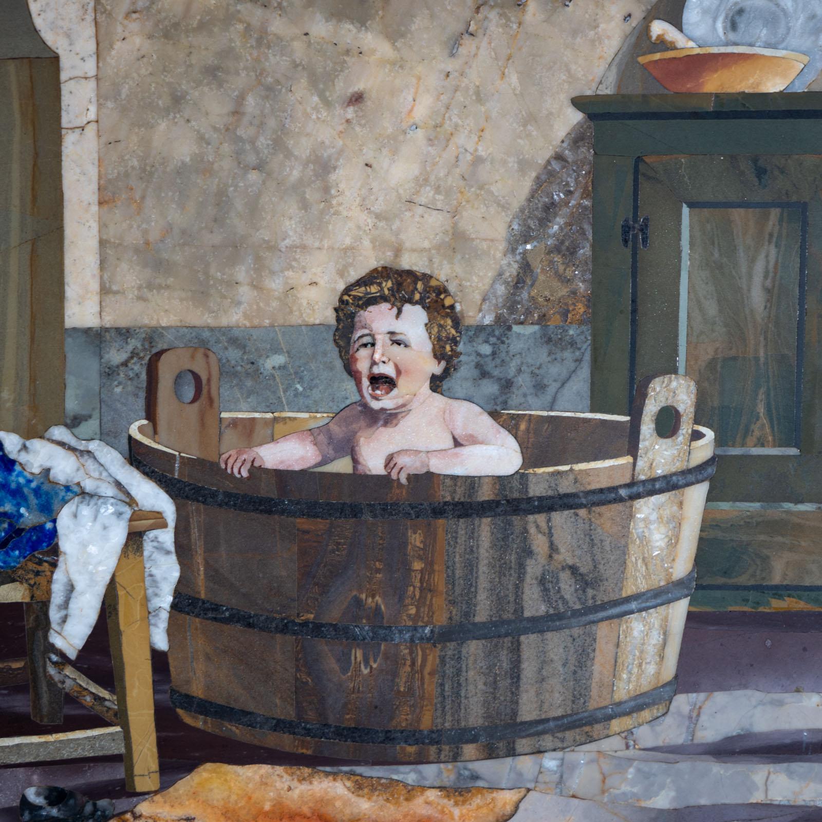 G. Montelatici (IT, 1864-1930), Pietra Dura Artwork of a Toddler in a Bathtub 3
