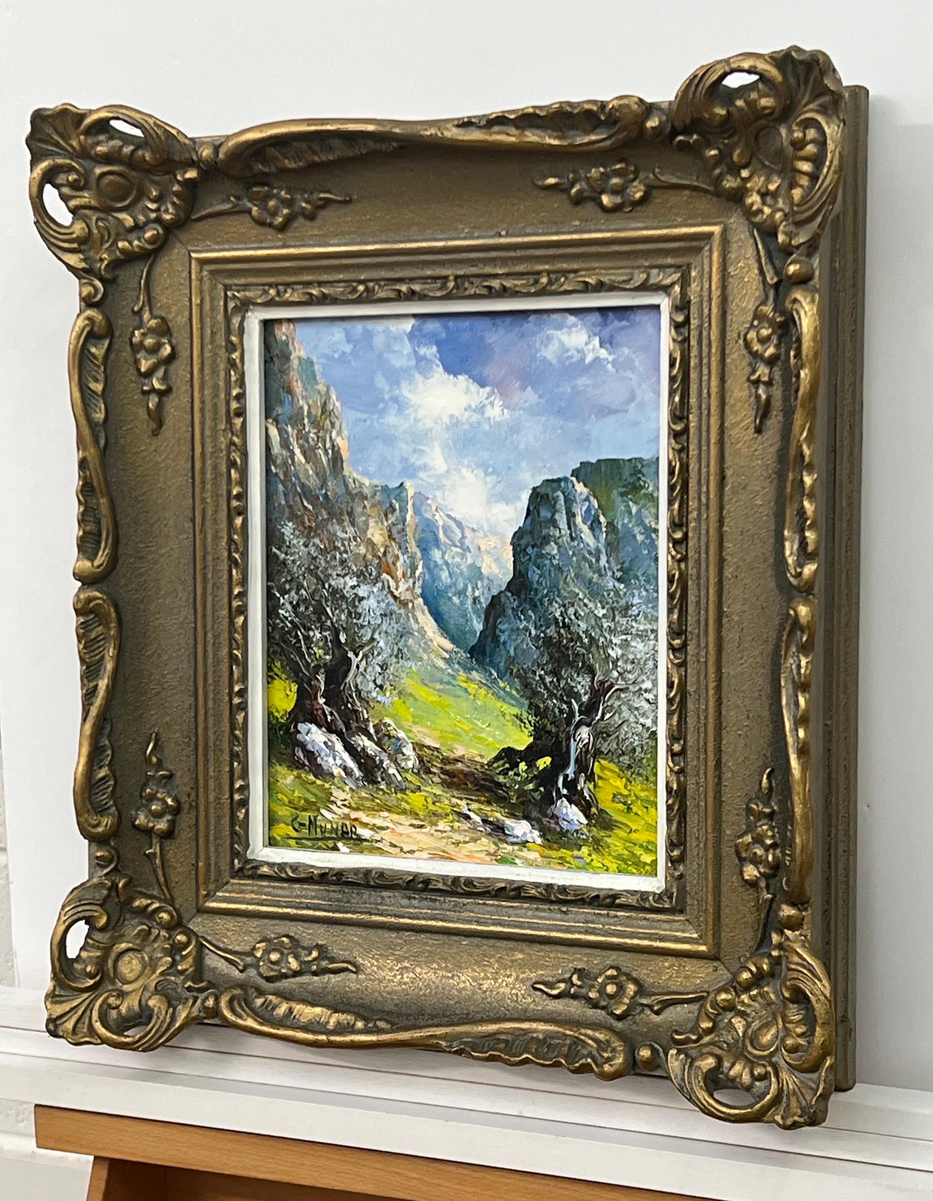 Berge in Spanien, farbenfrohes Original-Öl von G Munar, einem Künstler der spanischen Schule des 20. 

Kunst misst 11 x 9 Zoll 
Rahmen misst 17 x 15 Zoll 

Präsentiert in einem verzierten Rahmen aus der Zeit 
