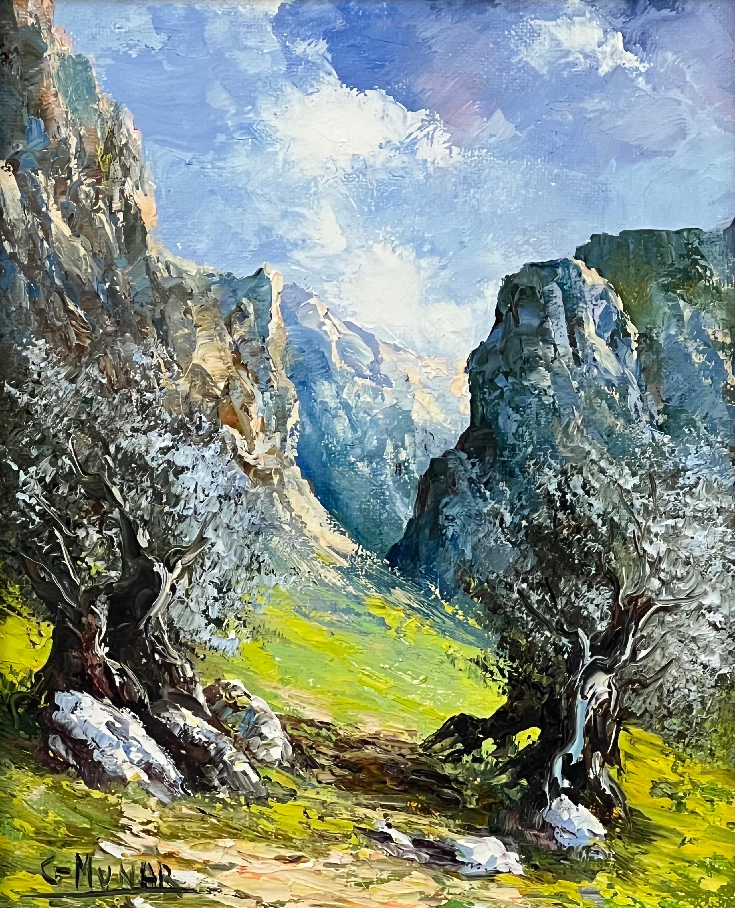 Mountains in Spain, Colourful Original Oil by 20th Century Spanish School Artist For Sale 3