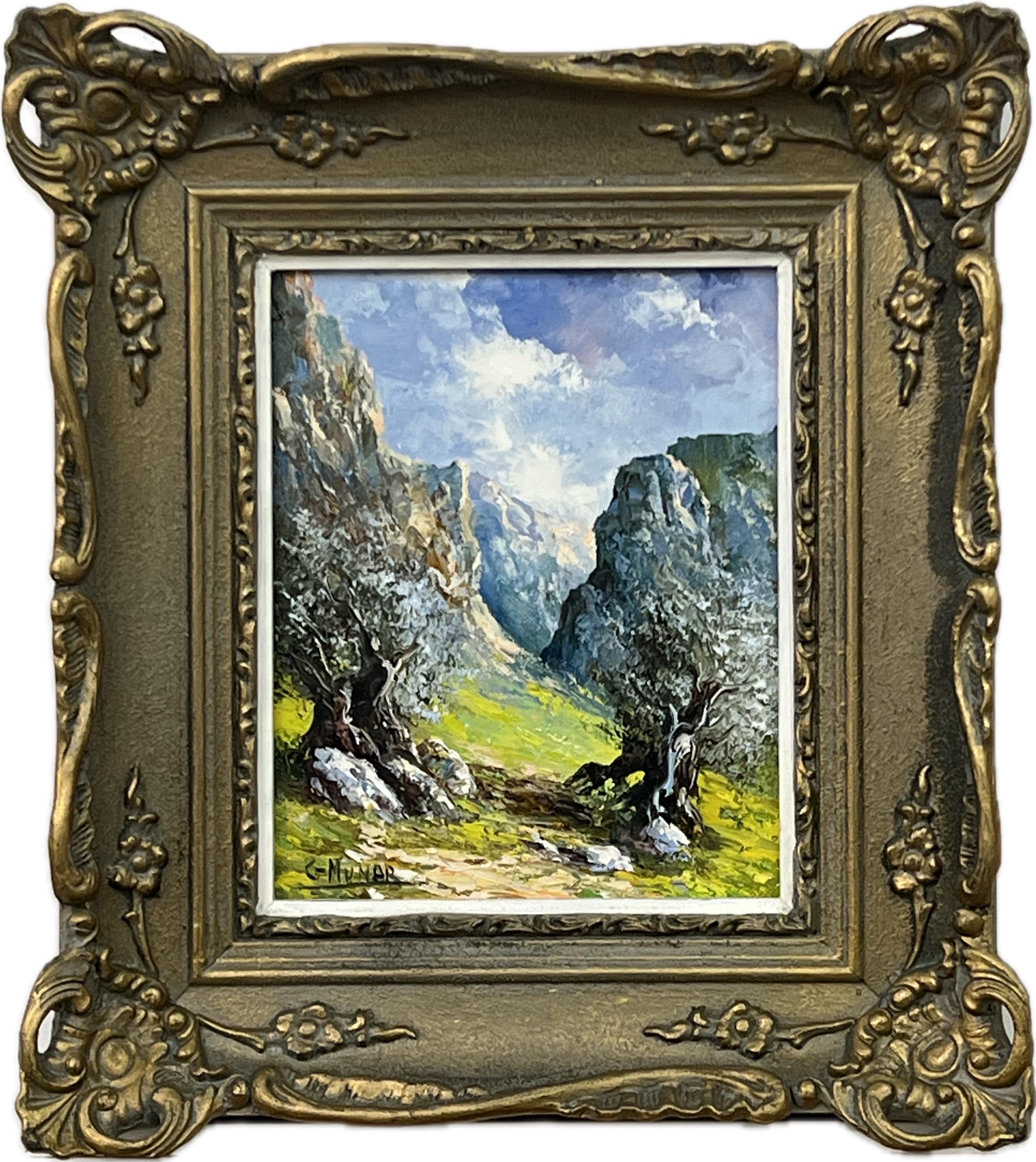 Abstract Painting G Munar - Les montagnes d'Espagne, huile originale colorée de l'artiste d'école espagnole du 20e siècle