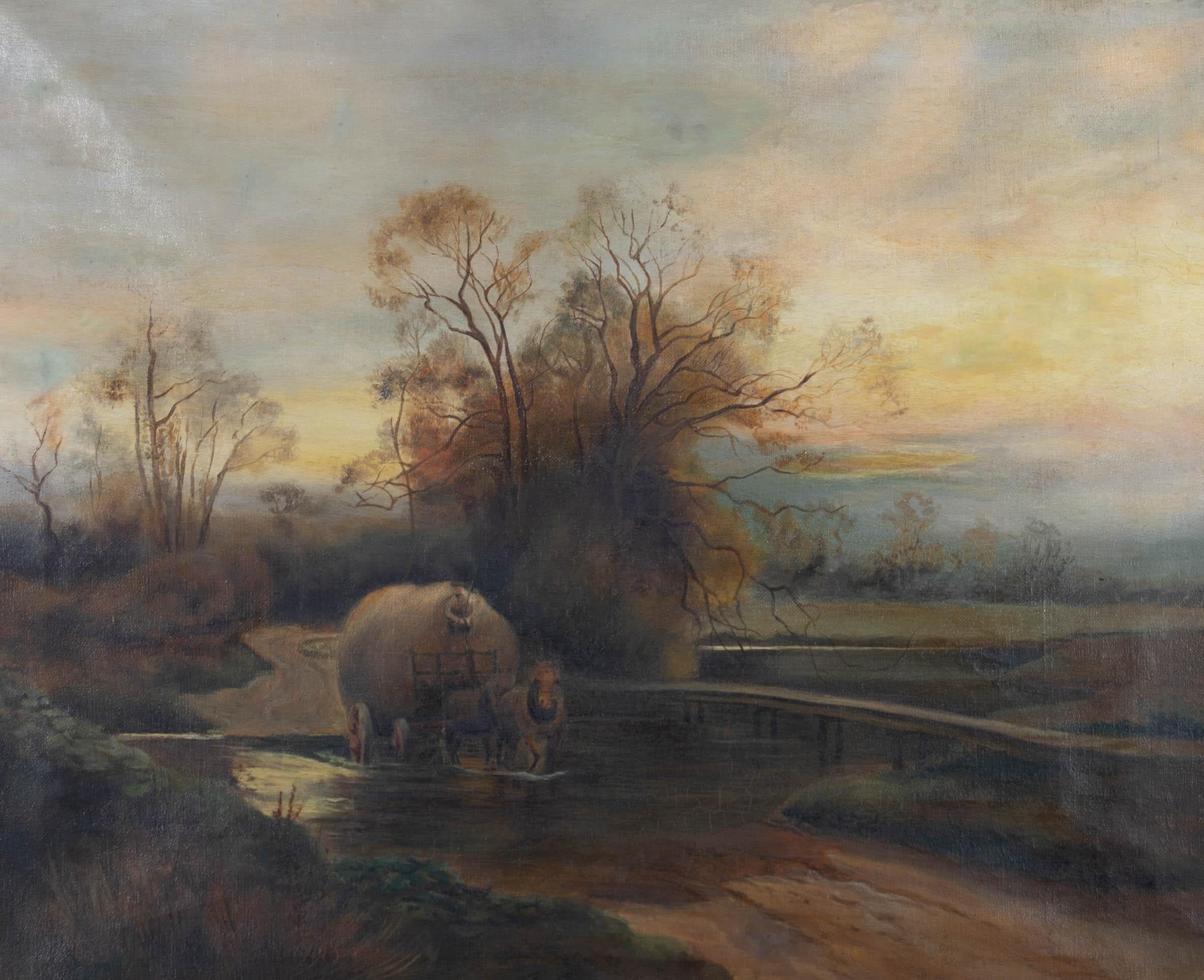 A charming oil painting, depicting a rural landscape scene with a hay wagon in a river. Signed to the lower right-hand corner. Presented in a distressed, ornate, gilt-effect frame, as shown. On canvas on stretchers.