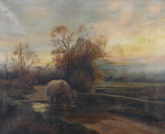 G. Nicholson - 1916 Oil, River Scene with Hay Wagon
