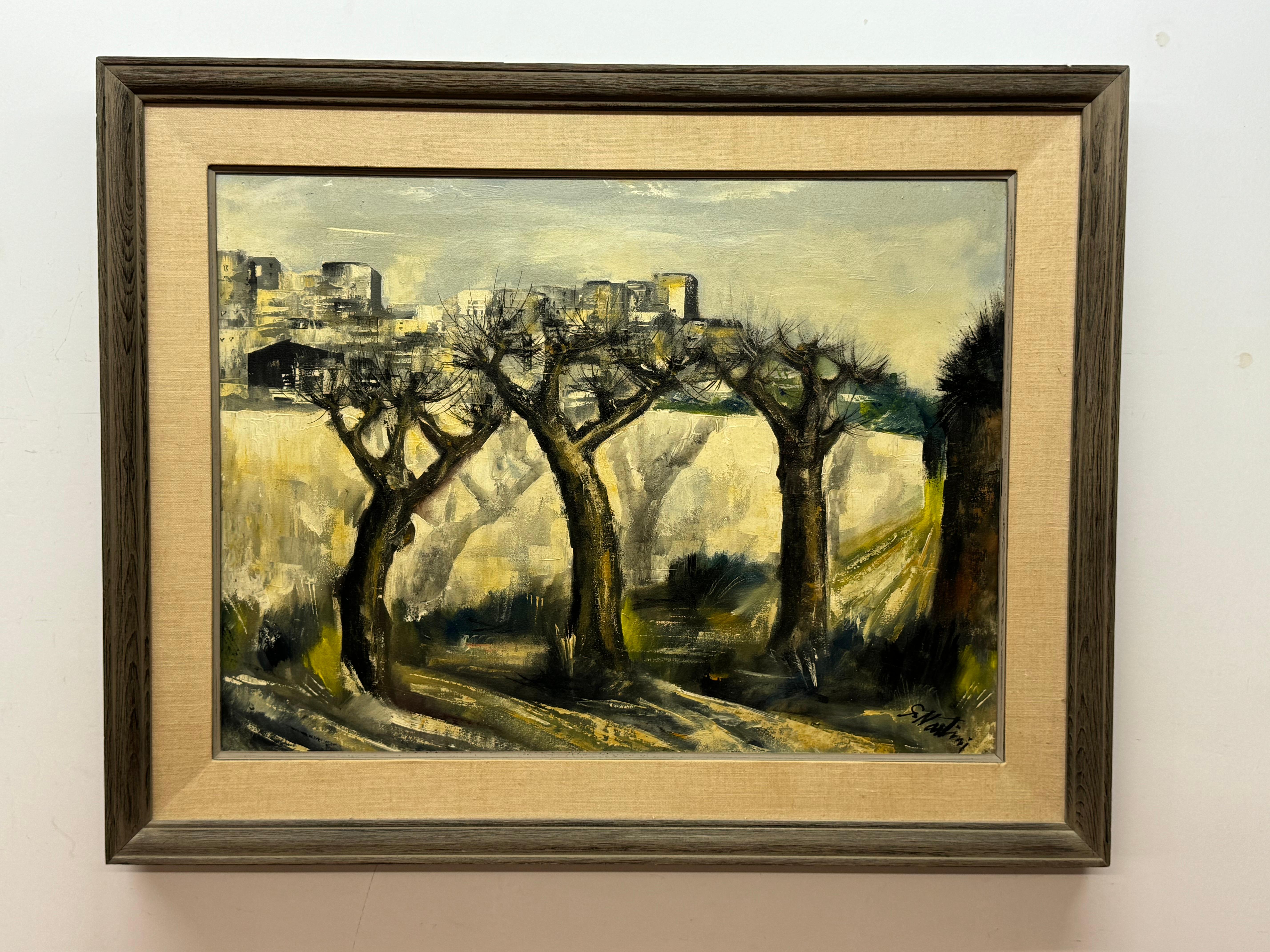 Landscape Painting G. Nosdini - Paysage urbain G Nosdini avec arbres nus, et premier plan