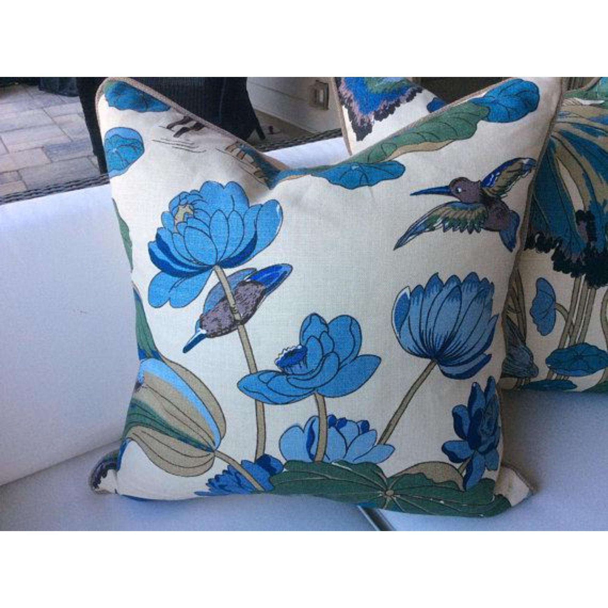 From inimitable design house, GP and J Baker, comes one of their most iconic prints
made into pillows! “Nympheus” is a large scale linen fabric with vibrant shades of teal, blue, bottle green, and taupe on a sand background. I must say: this is