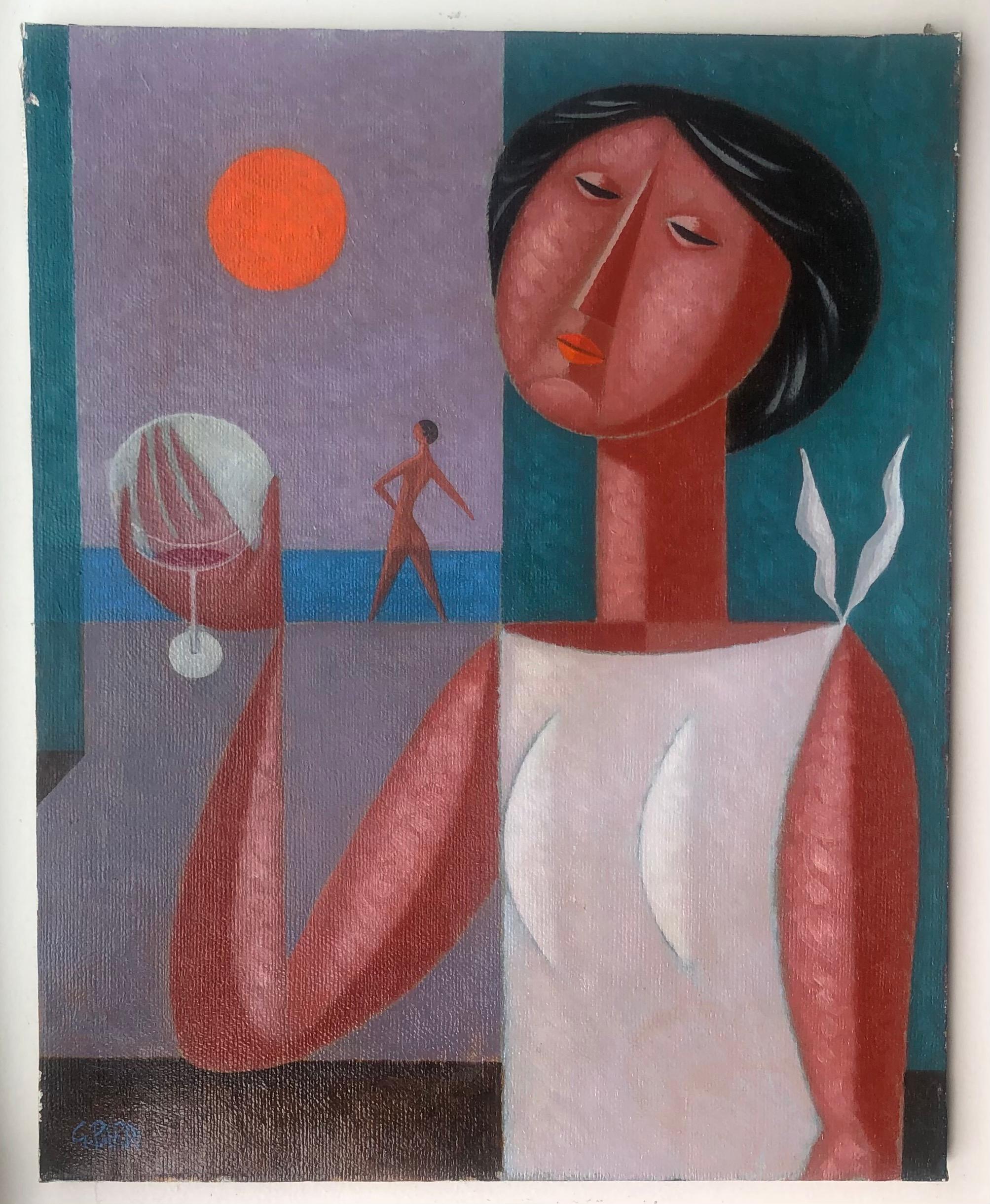 Woman with glass and sunset - Painting by G. Pardi