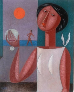 Woman with glass and sunset