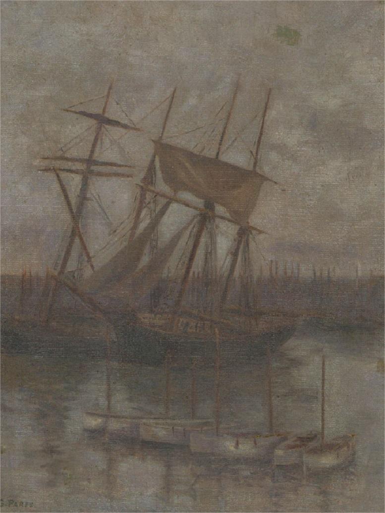 A harbour scene depicting moored ships and sailing boats. Presented in a distressed gilt-effect wooden frame. Signed to the lower-left edge. On canvas on stretchers.
