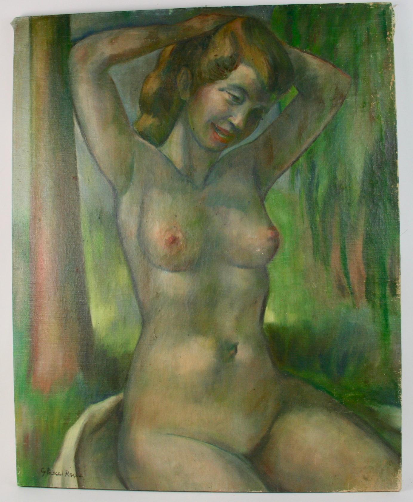 Nude Painting G. Pascal Rocca -  Art déco français ancien  Poser nu 1940