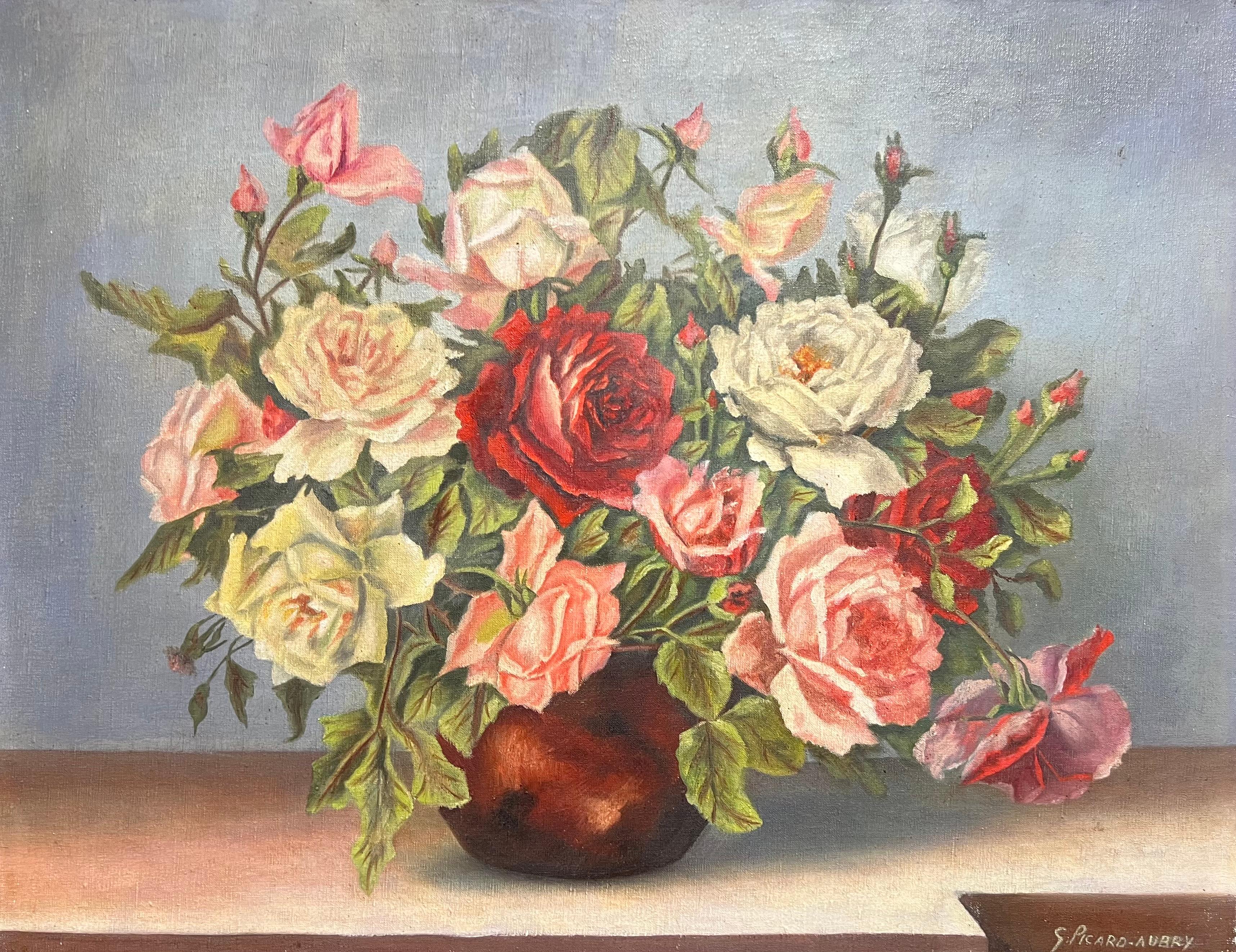 Still-Life Painting di G. Picard-Aubry - Natura morta floreale francese degli anni '40 Rose rosa rosse in vaso marrone Pittura a olio