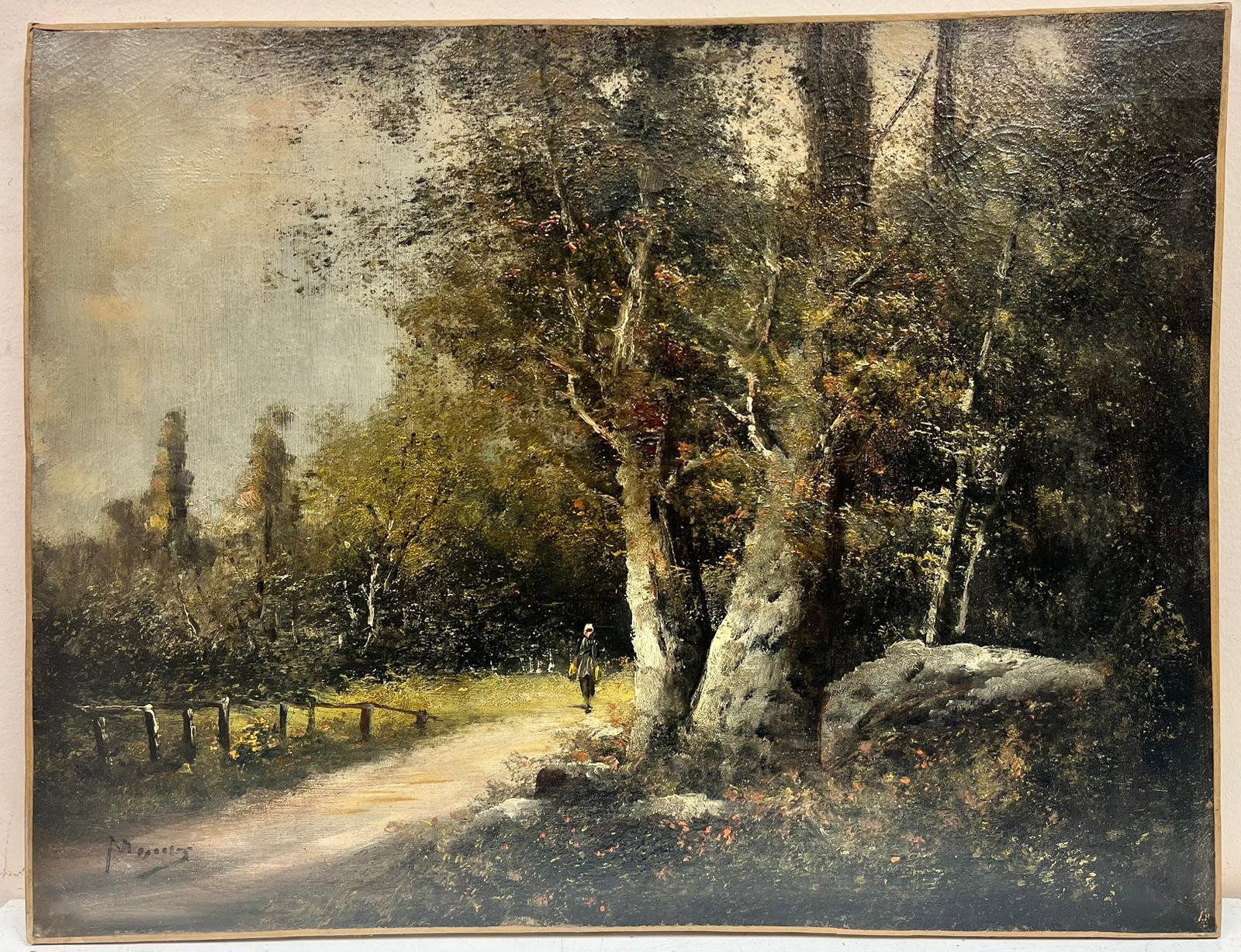 Antique French Barbizon Signed Oil Figure Walking Woodland Pathway - Painting by G. Pichon