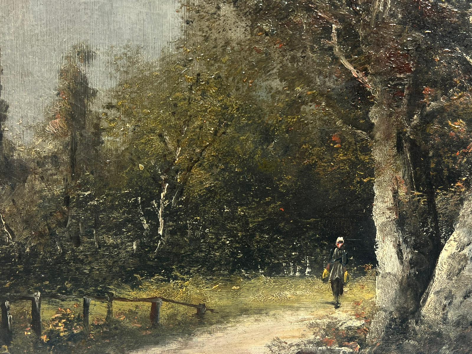 Antique French Barbizon Signed Oil Figure Walking Woodland Pathway - Barbizon School Painting by G. Pichon