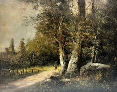Antique French Barbizon Signed Oil Figure Walking Woodland Pathway