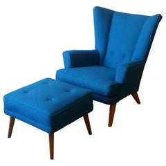 Vintage G-Plan Wingback Armchair and Footstool in Blue Wool with Beech Legs, circa 1956