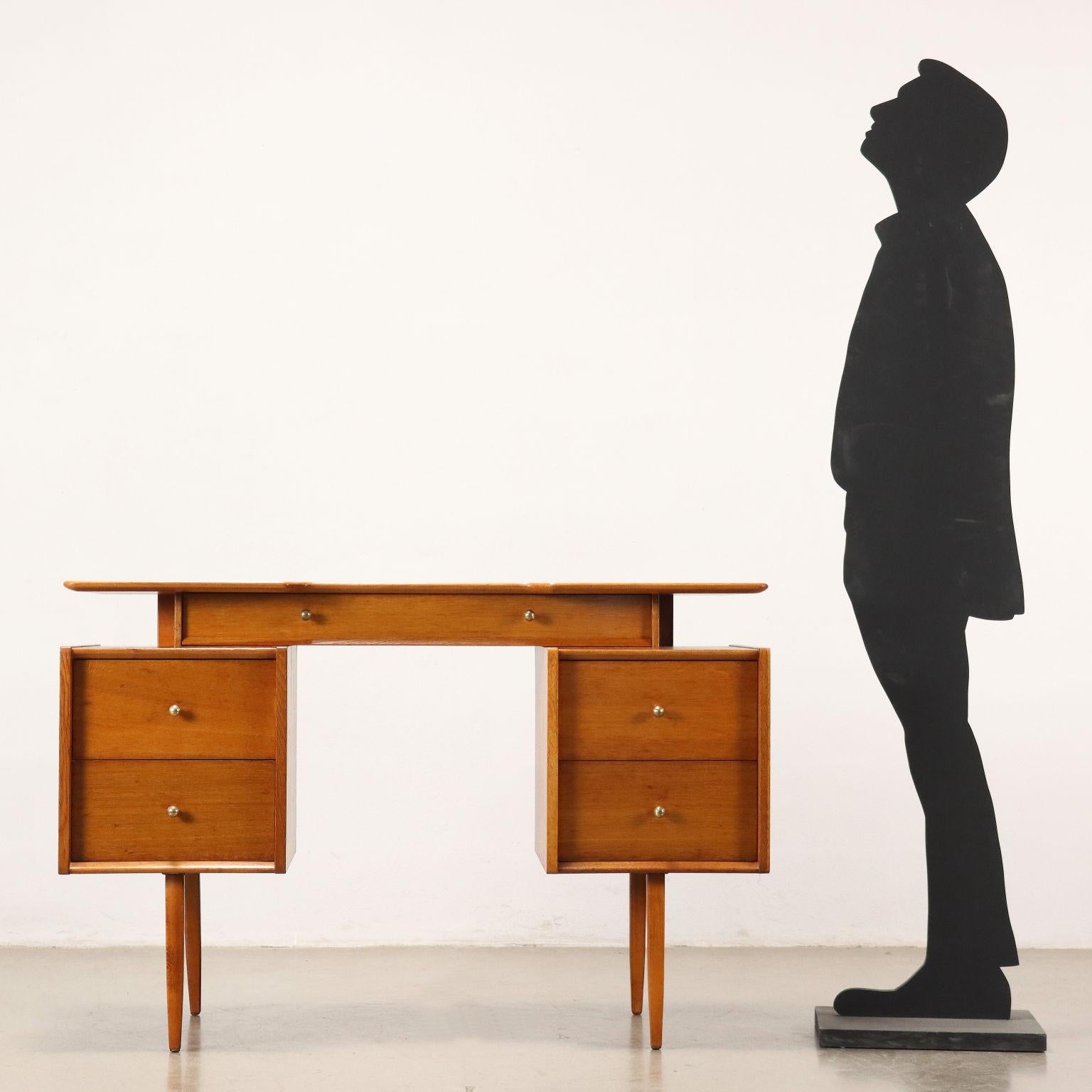 Writing desk with double side drawers and single one under the top, Veneered in teak.