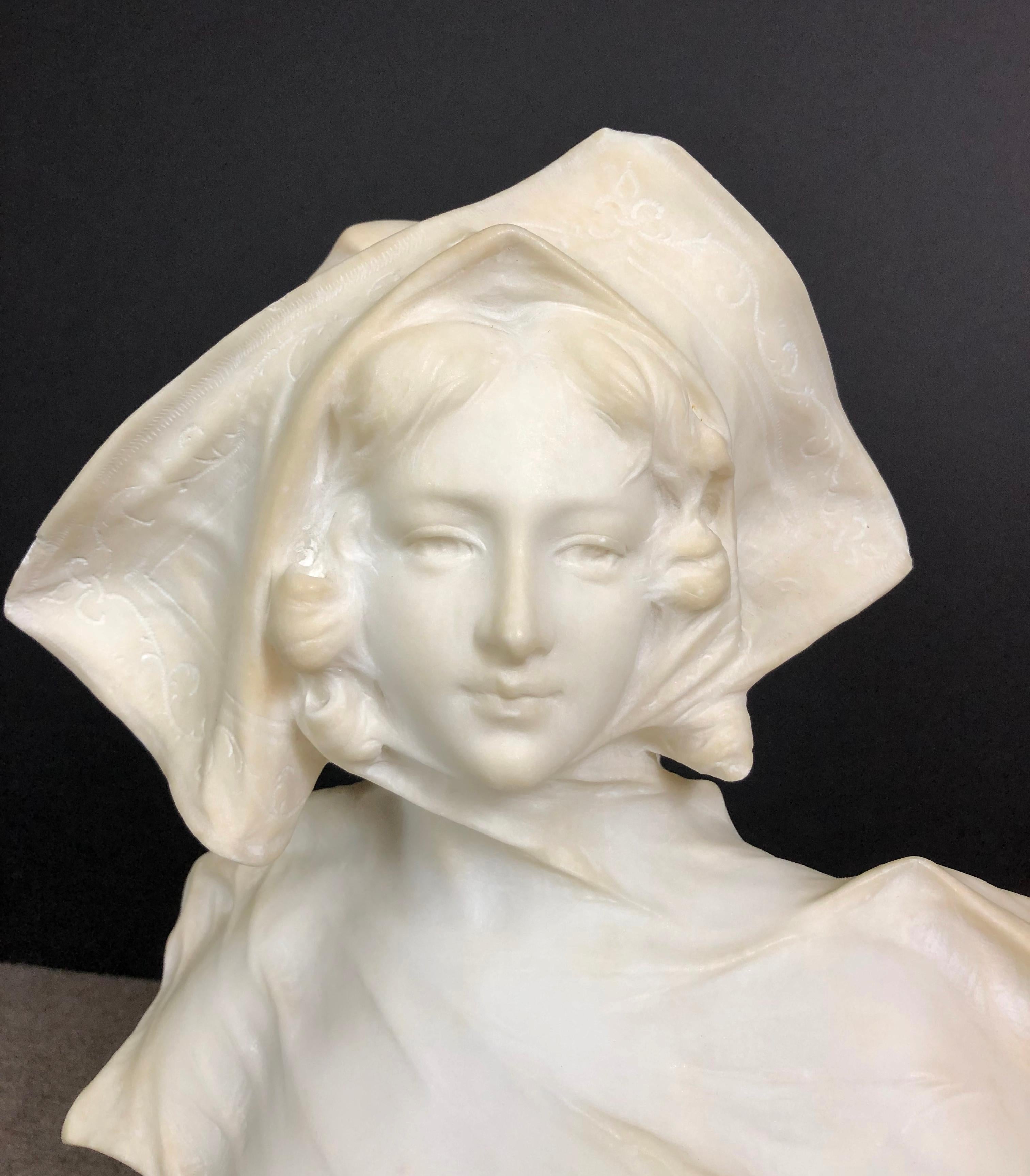 Alabaster bust of young woman with bonnet, signed G (Galileo) Pochini.
