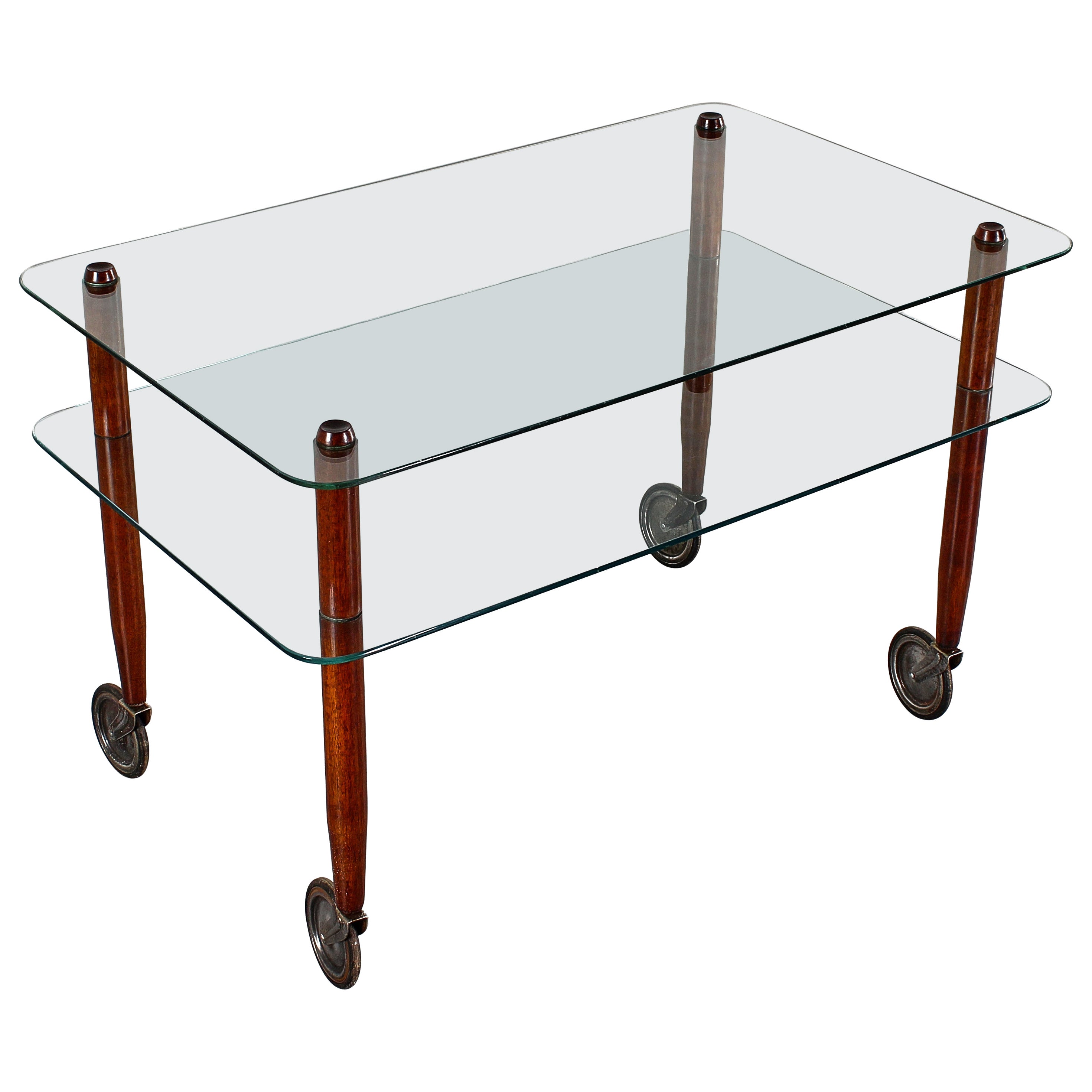 G. Ponti (attr.) for Vitrex Wood and Glass Coffee Table on Wheels, Italy 1940s en venta