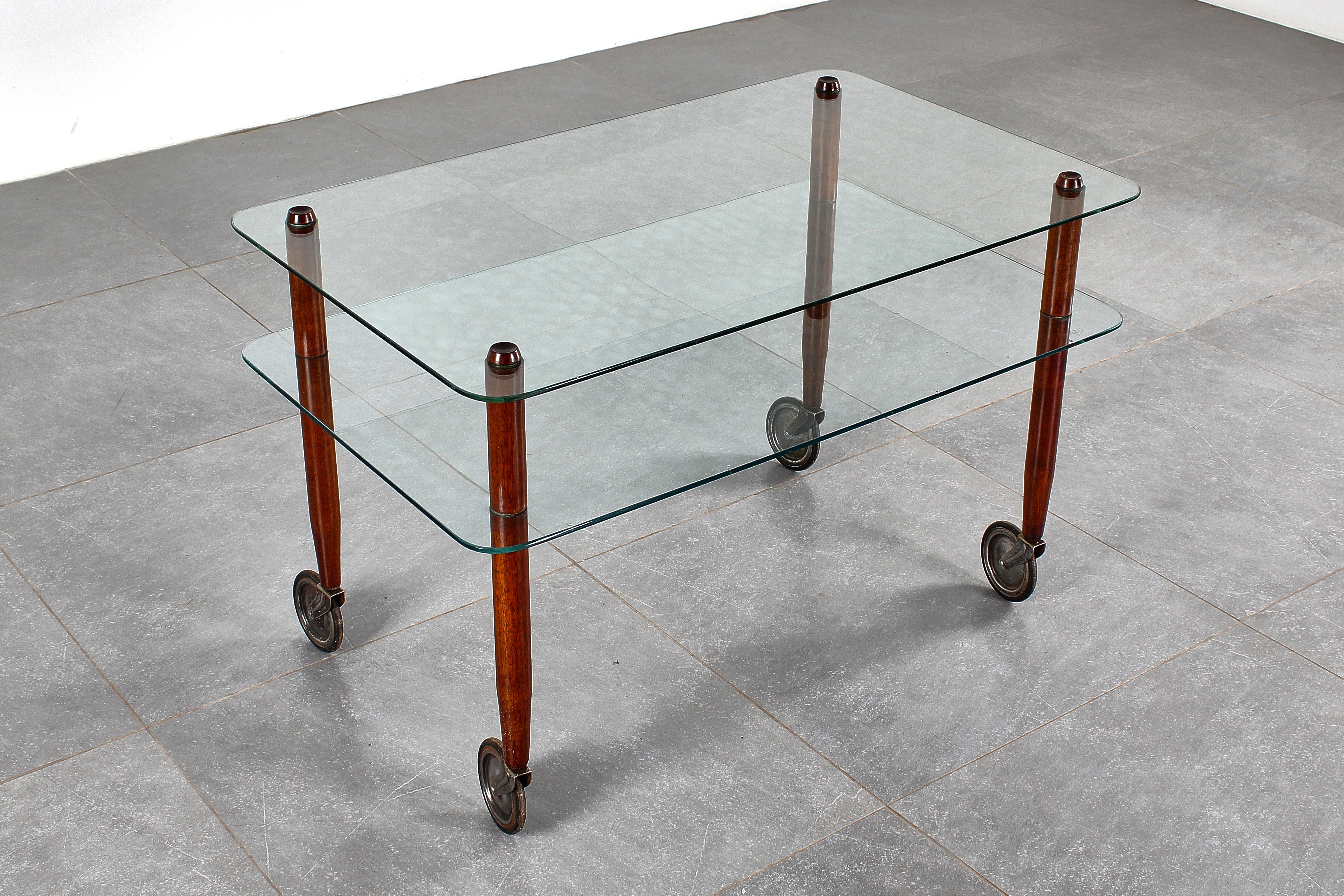 G. Ponti (attr.) for Vitrex Wood and Glass Coffee Table on Wheels, Italy 1940s For Sale