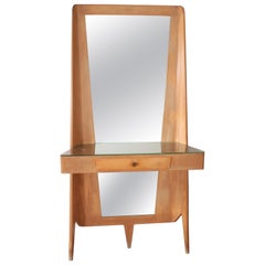 G. Ponti Light Curved Wood and Beige Velvet Console with Large Mirror, Italy