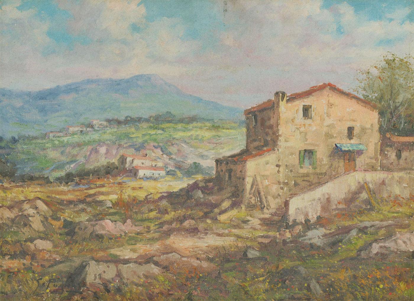 A fine oil painting by G. Pugliese, depicting a sunny continental landscape with scattered rural houses and mountains in the distance. Signed to the lower left-hand corner. Well-presented in a white slip with gilt detail and in a distressed golden