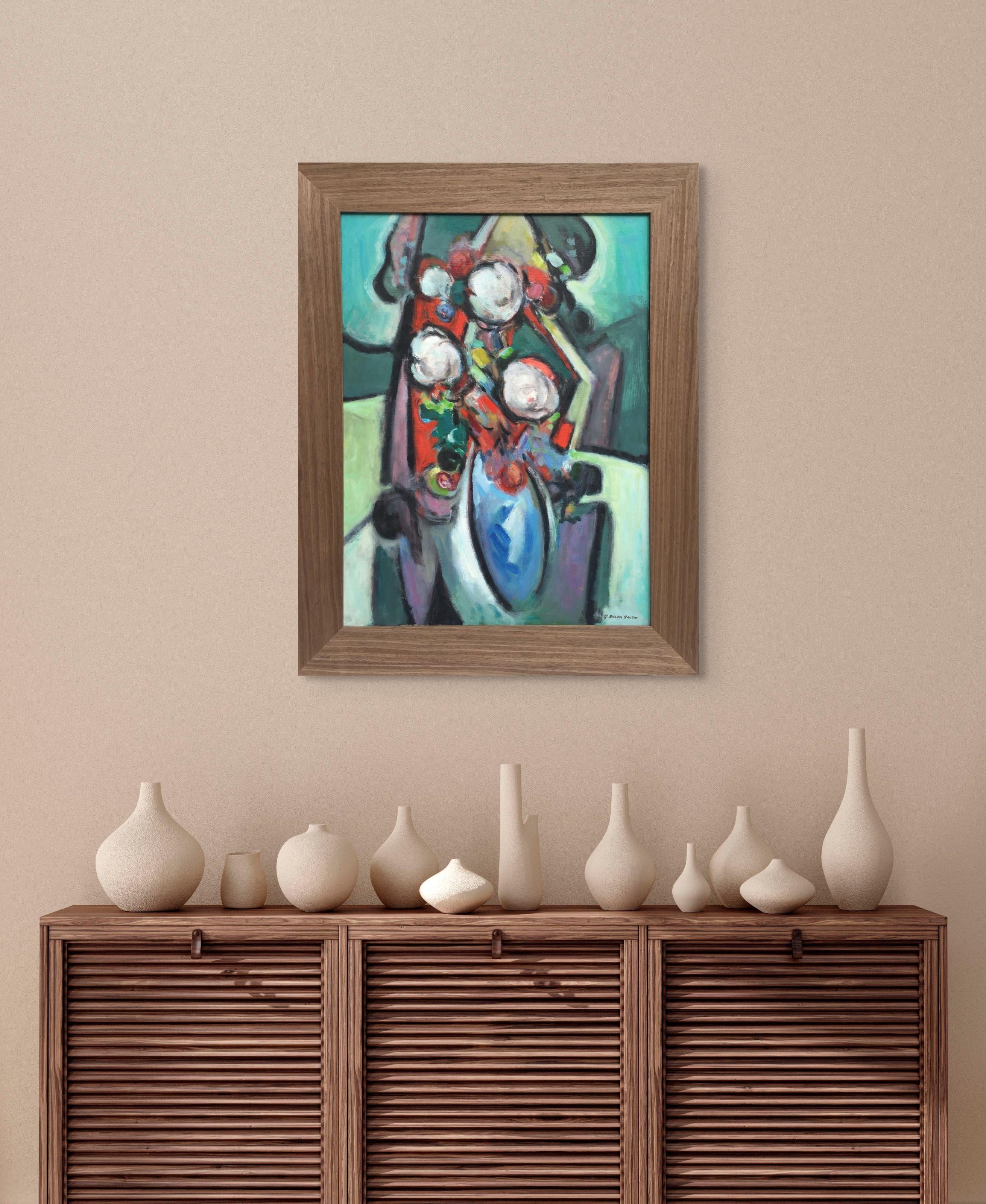 Si tratta di un dipinto a olio di paesaggio astratto, firmato e originale, della metà del secolo scorso, con fiori bianchi (rose) in un'estetica alla Henri Matisse / Pablo Picasso, realizzato dall'artista della WPA G. Ralph Smith. È in ottime