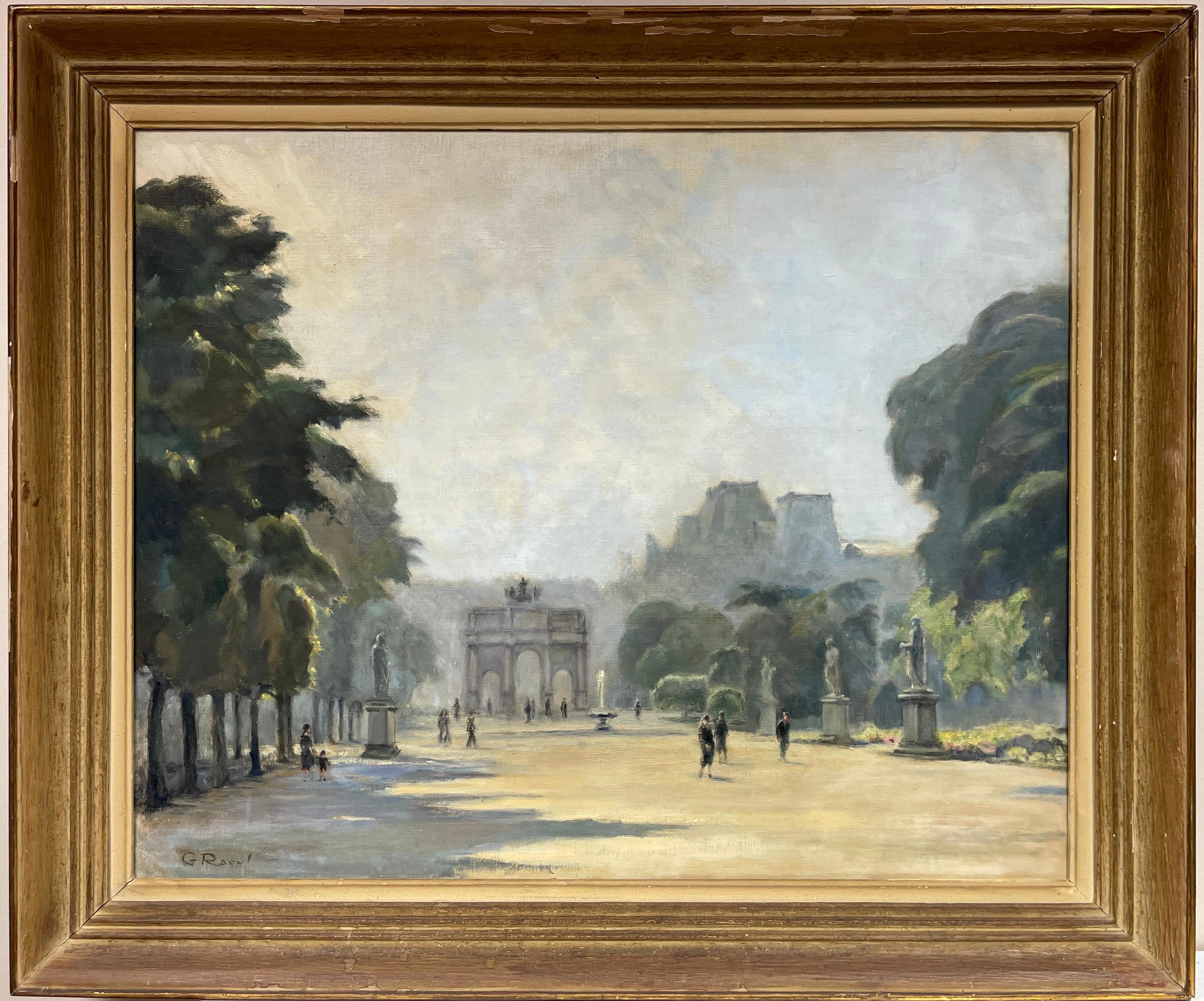1940's French Impressionist Signed Large Oil - Tuileries Garden Louvre Paris - Painting by G. Raoul