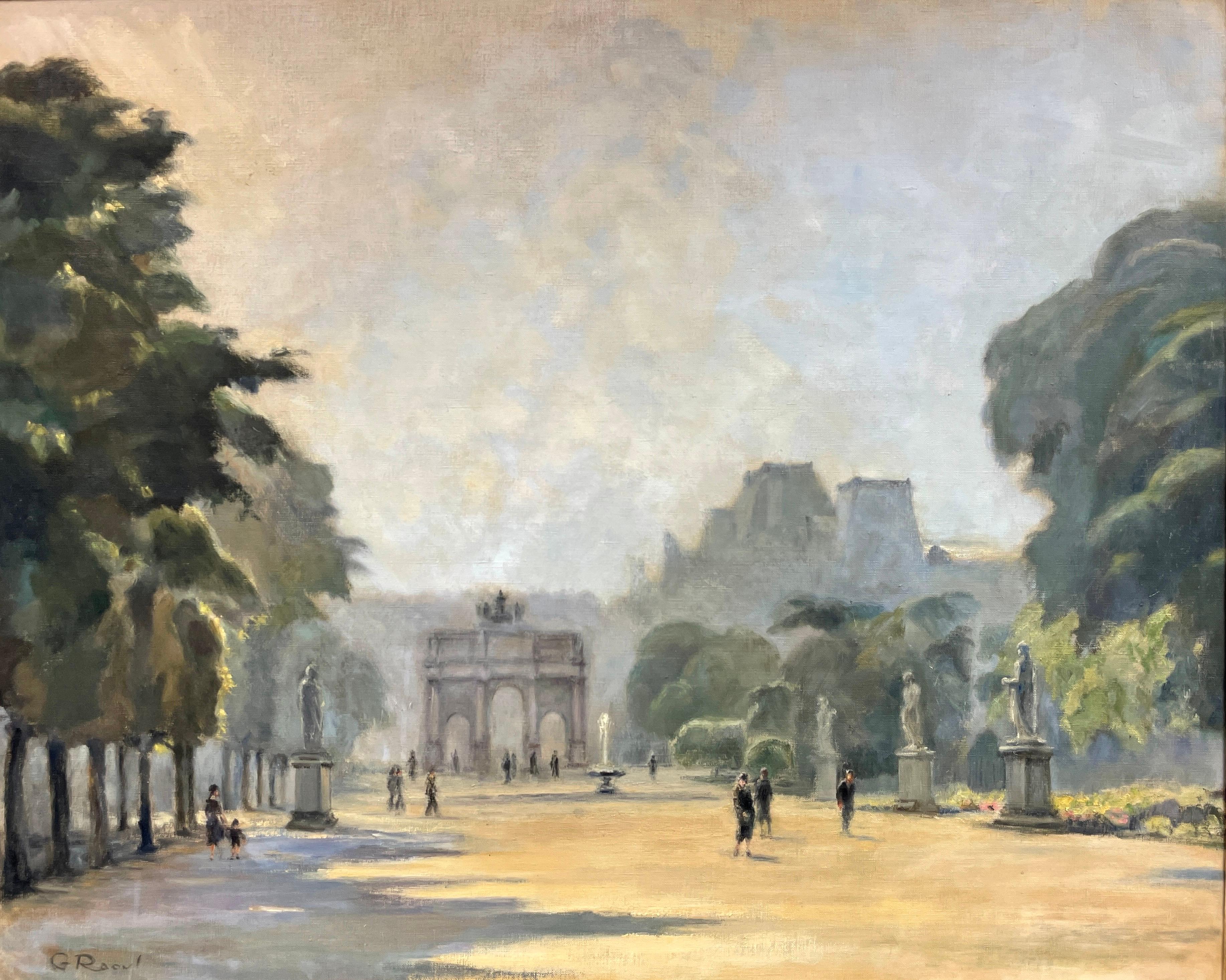 G. Raoul Figurative Painting - 1940's French Impressionist Signed Large Oil - Tuileries Garden Louvre Paris