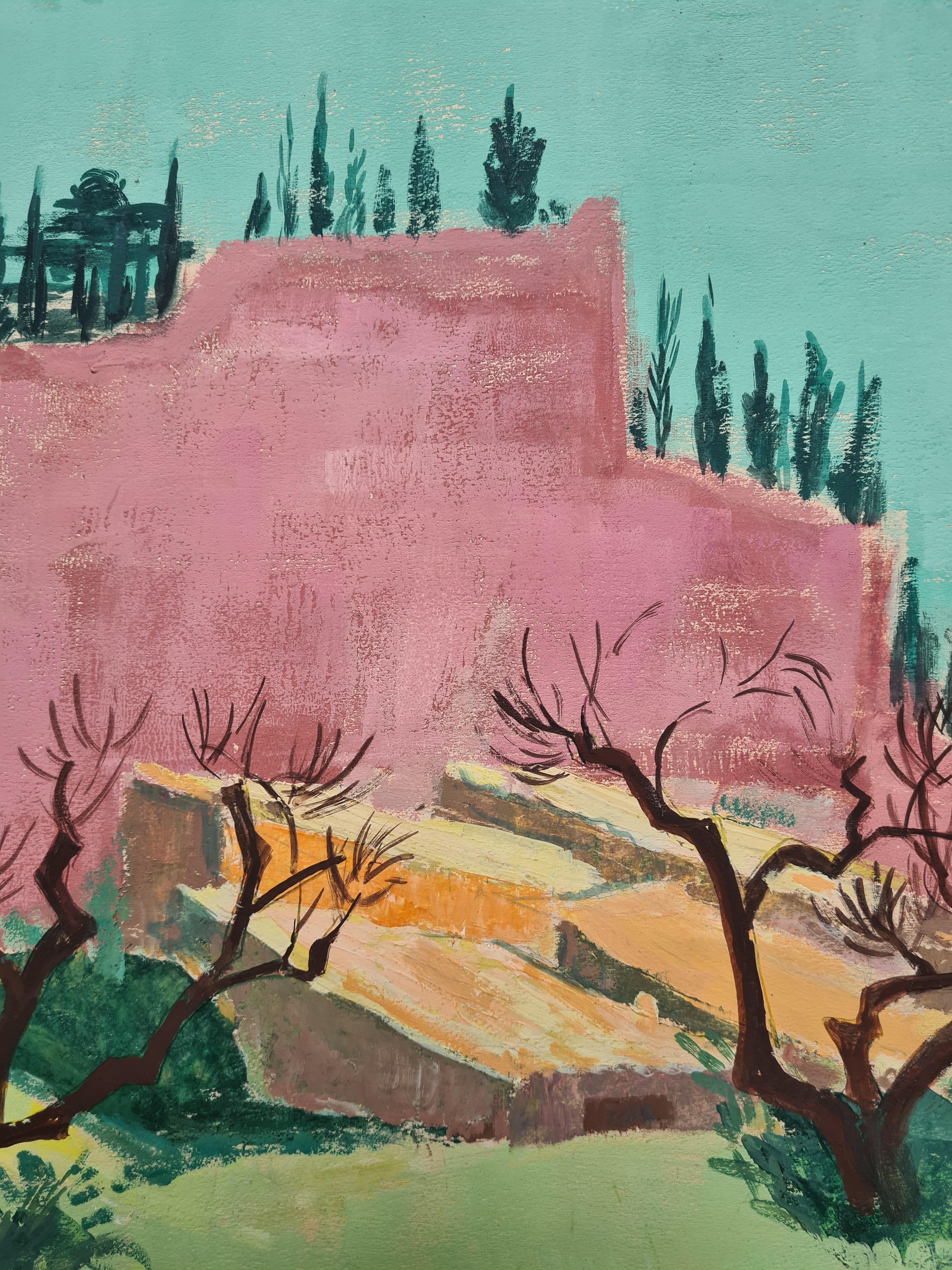 Un paesaggio francese fauvista a guazzo su carta di G Ricard. Il dipinto è firmato in basso a sinistra e intitolato sul retro della carta, Les Baux de Provence.

Una vista incantevole e caratteristica del Sud della Francia, con ulivi in un boschetto